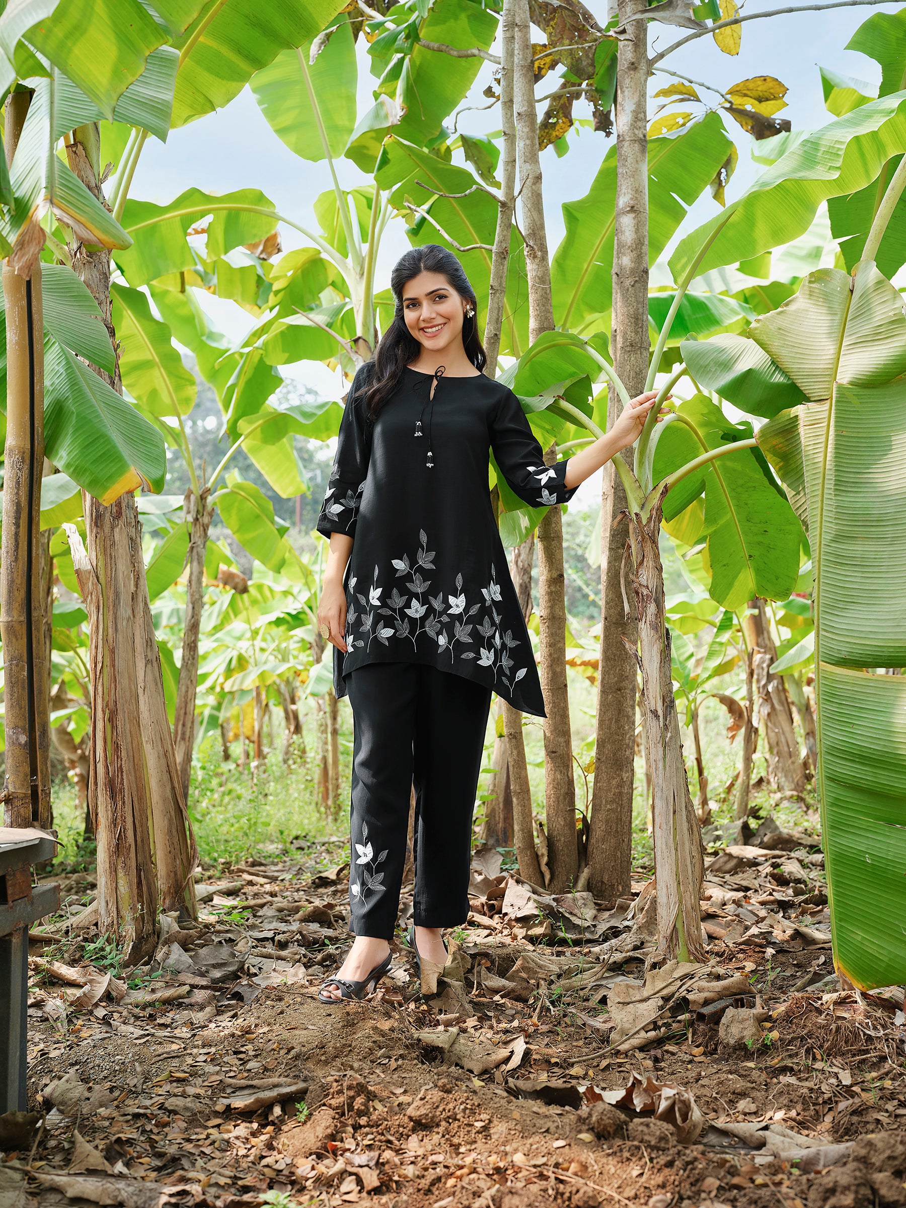 Classic Black Floral Embroidered Modal Silk Co-ord Set