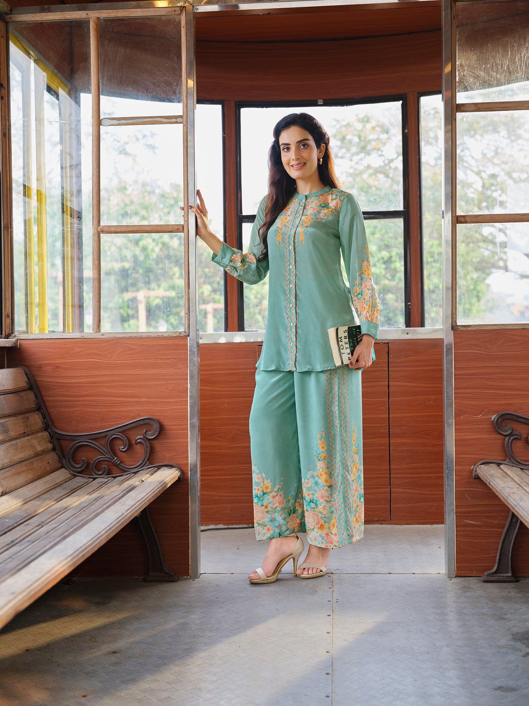 Seafoam Green Floral Crepe Silk Co-ord Set