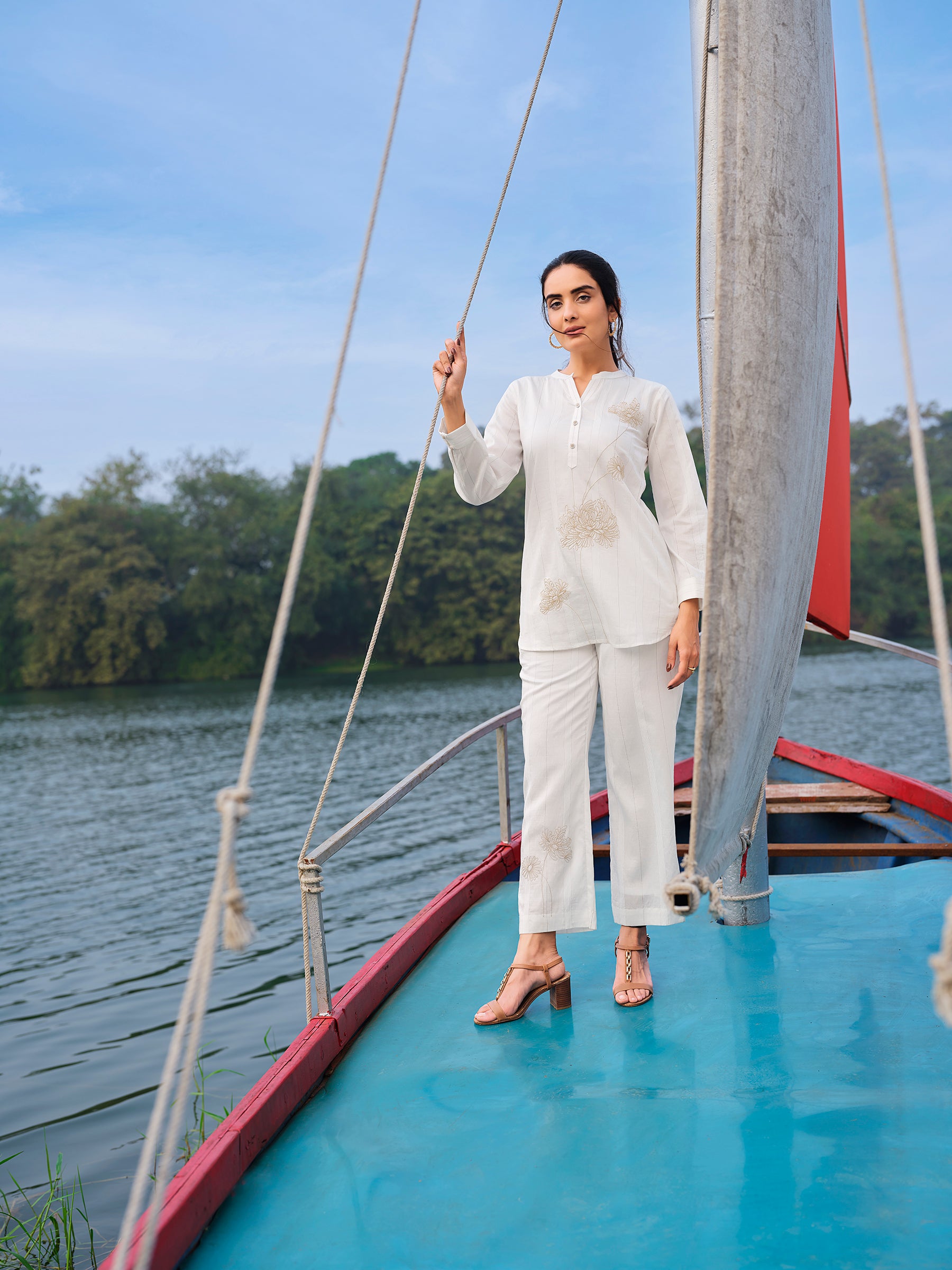 Pearl White Embroidered Viscose Silk Co-ord Set