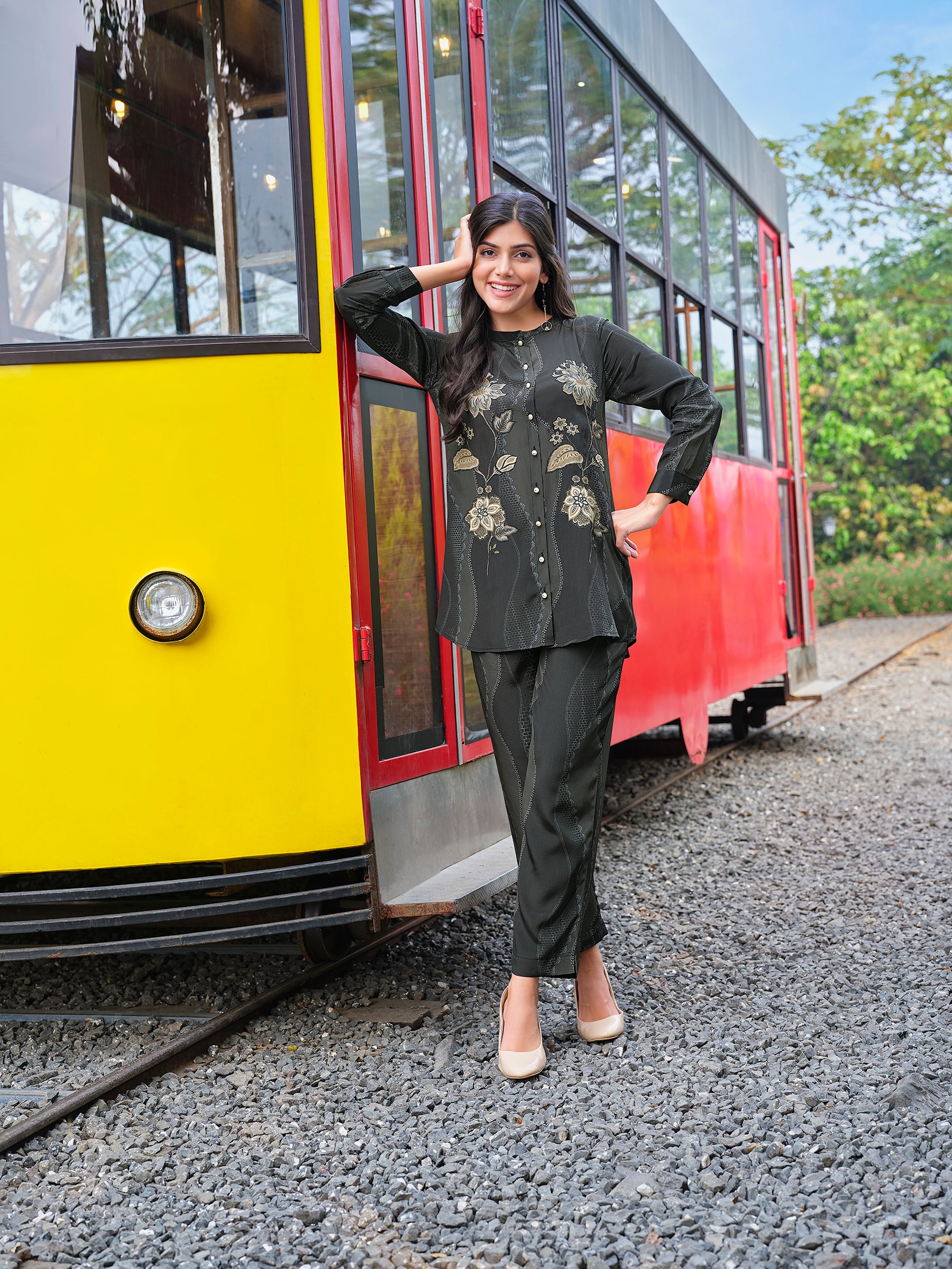 Charcoal Grey Floral Crepe Silk Co-ord Set