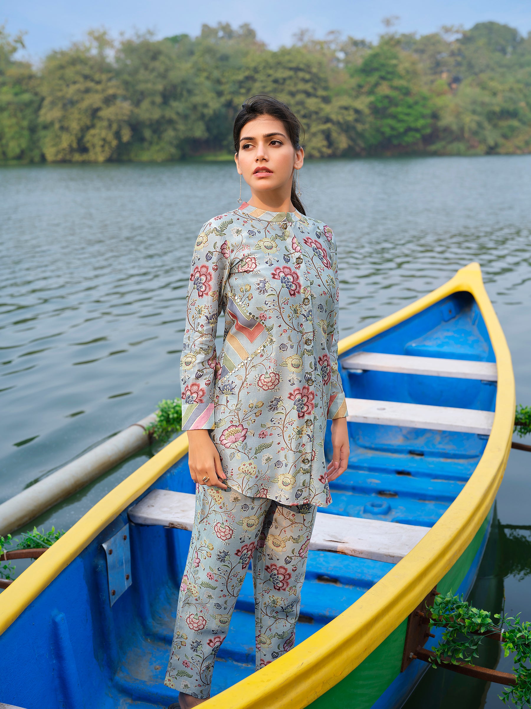 Powder Blue Printed Chanderi Silk Co-ord Set