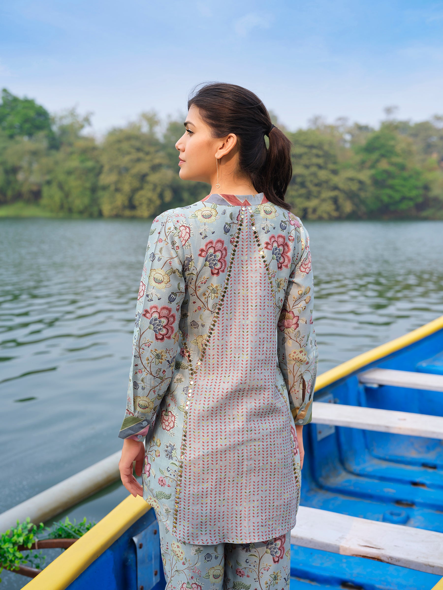 Powder Blue Printed Chanderi Silk Co-ord Set