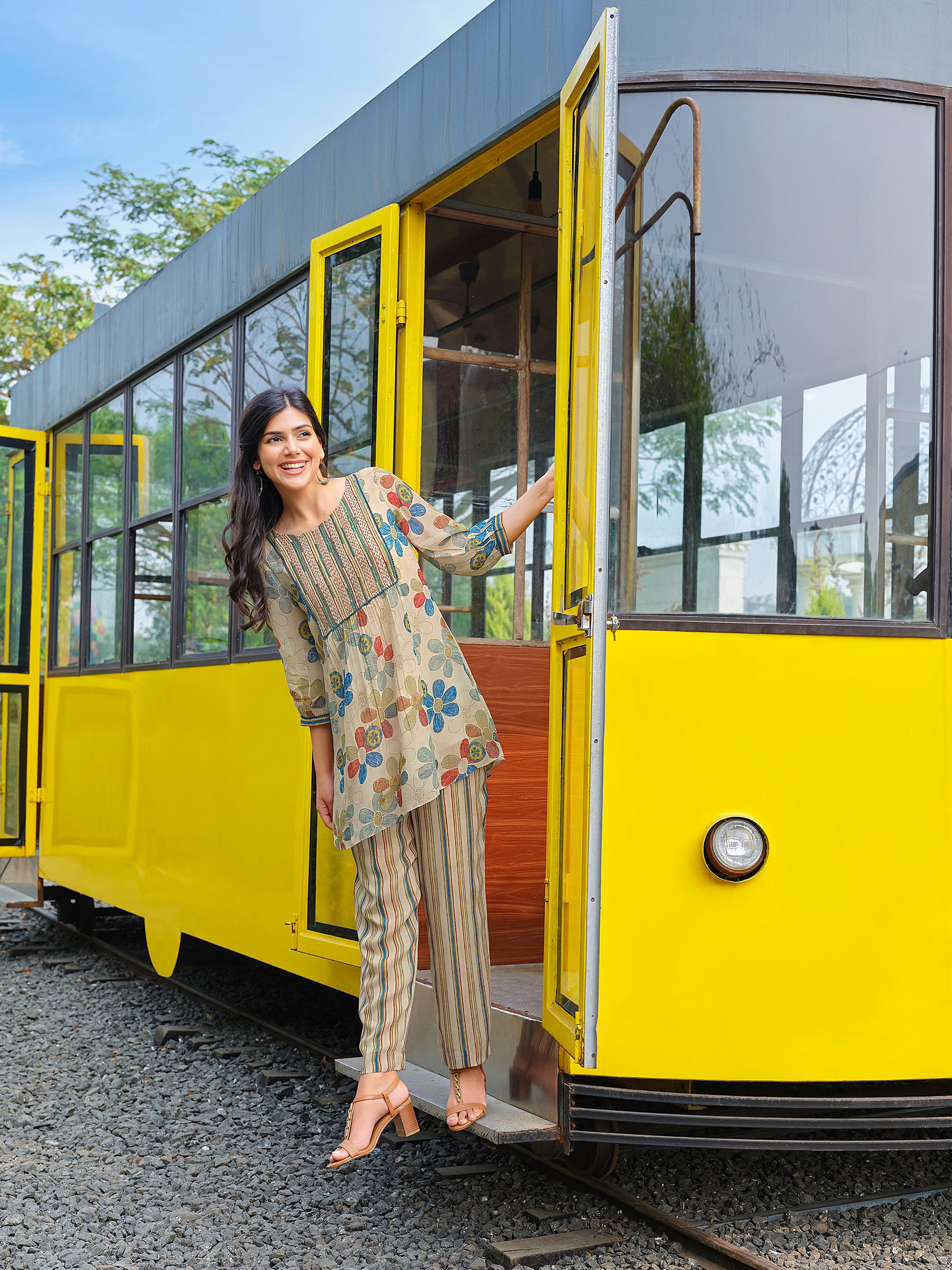 Sand Beige Printed Georgette Silk Co-ord Set