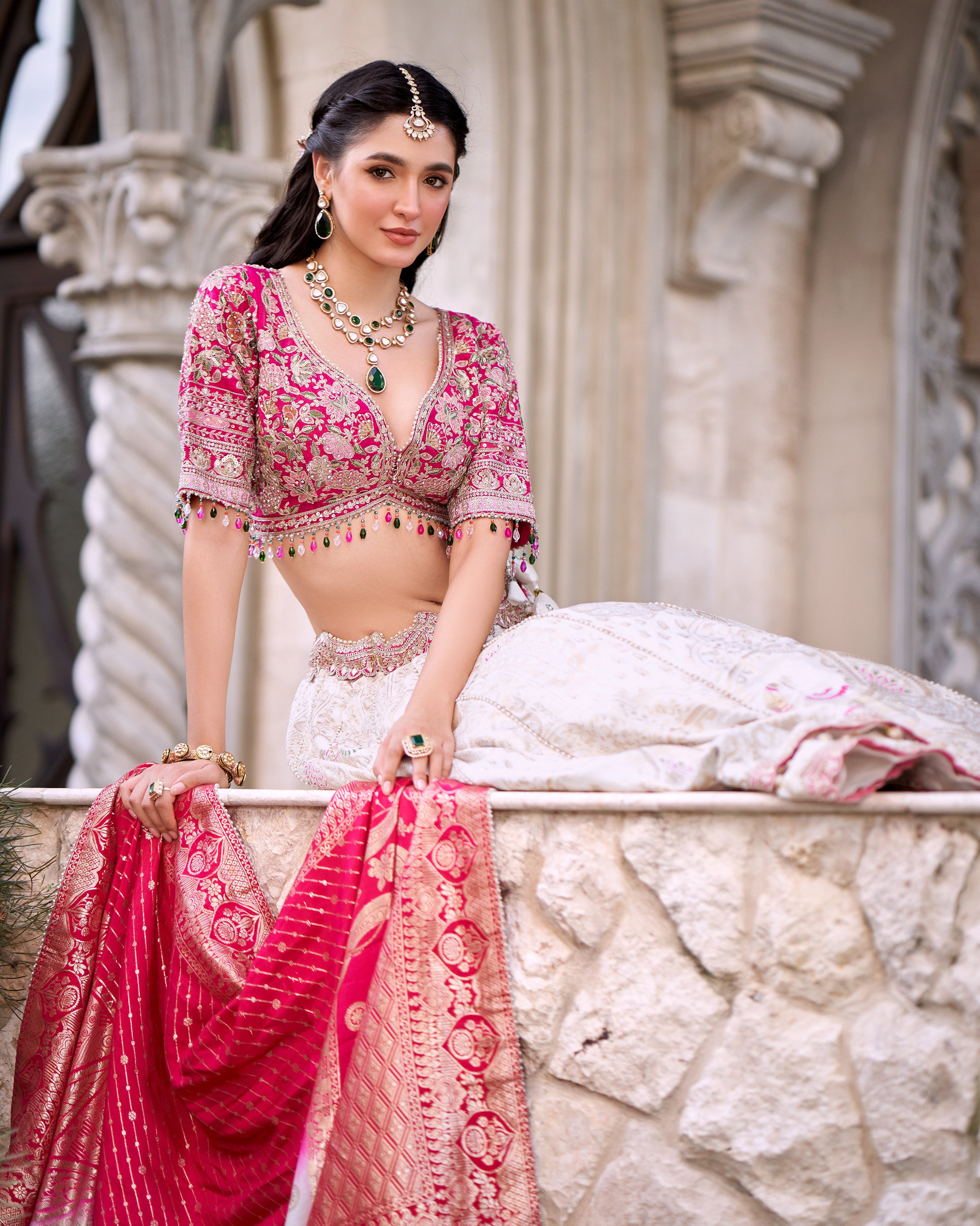 Off-White Embellished Brocade Silk Lehenga Set