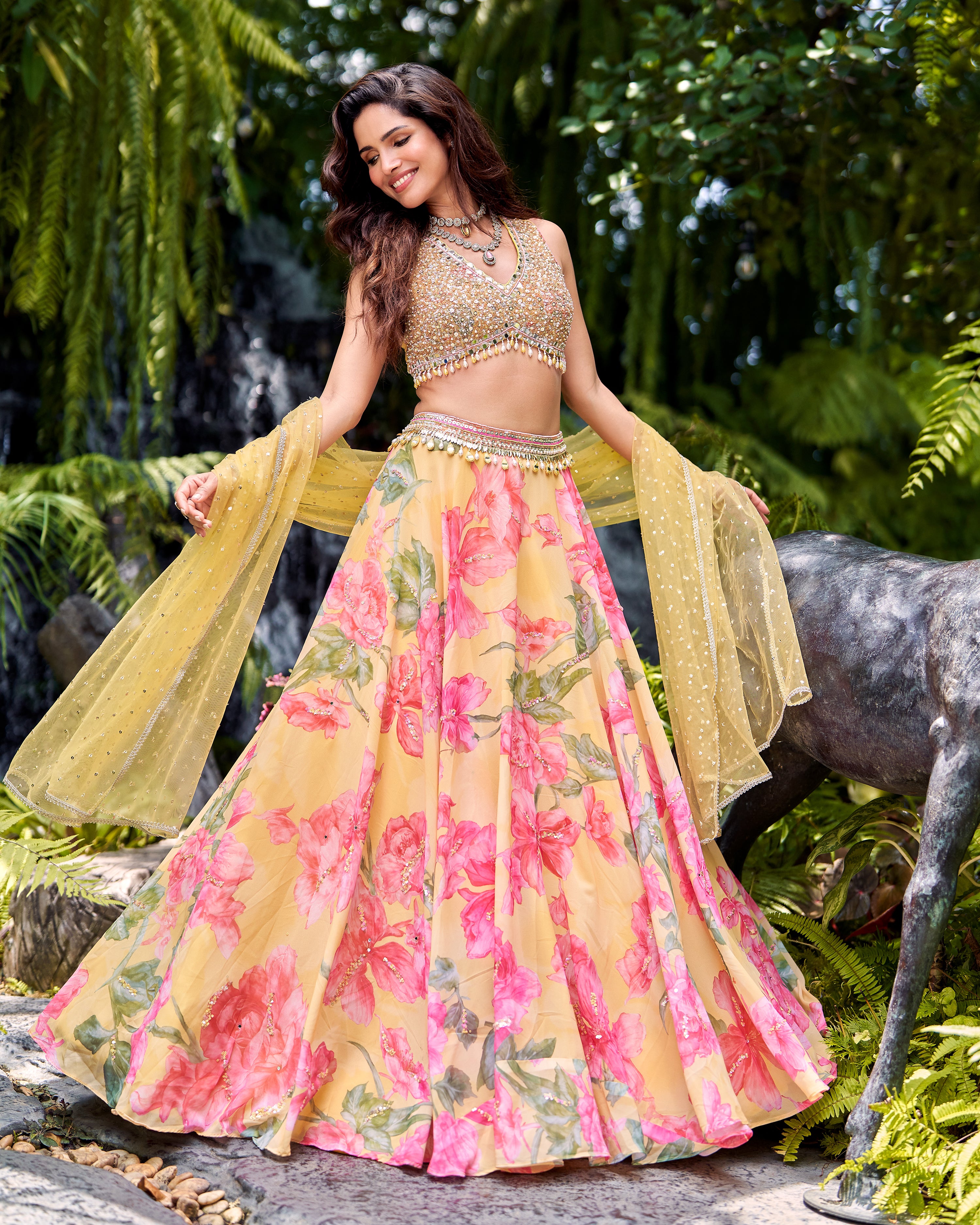 Pastel Yellow Embellished Georgette Silk Lehenga Set