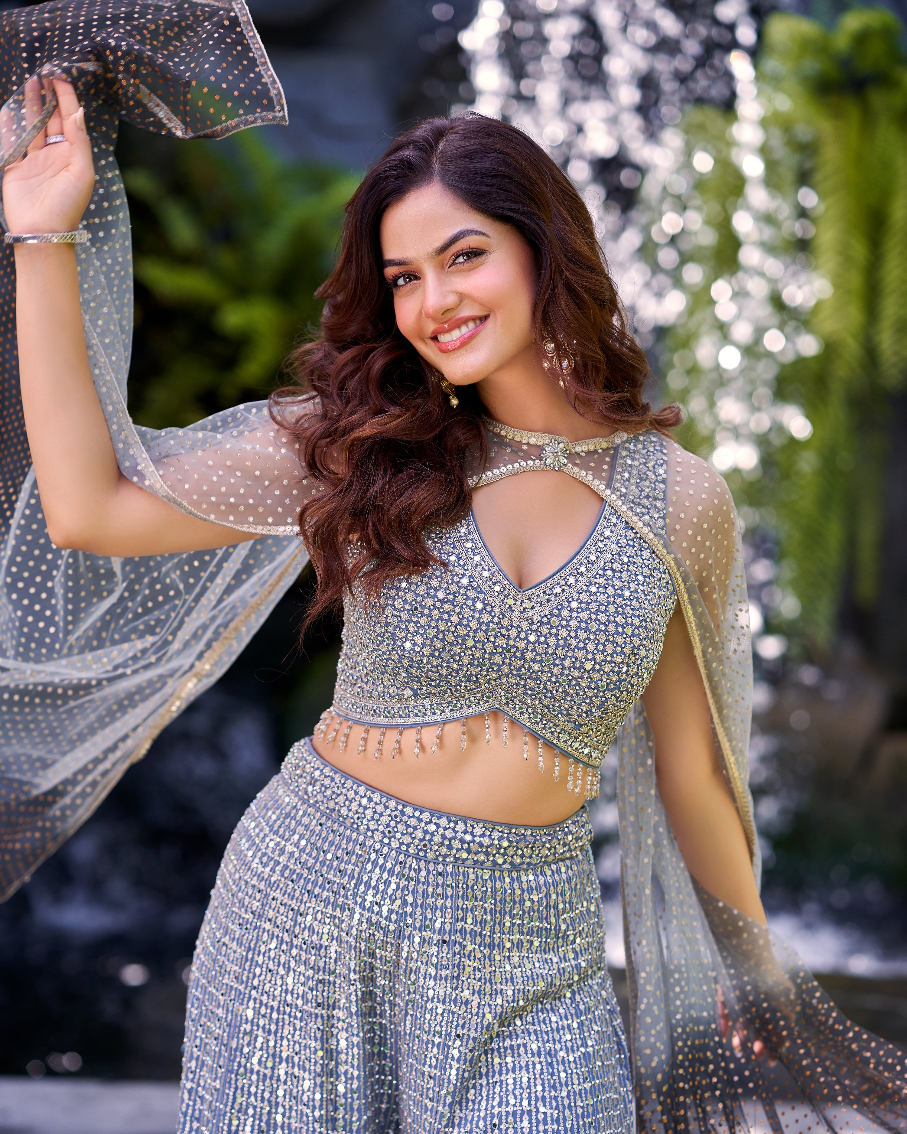 Slate Blue Embellished Georgette Silk Palazzo Set