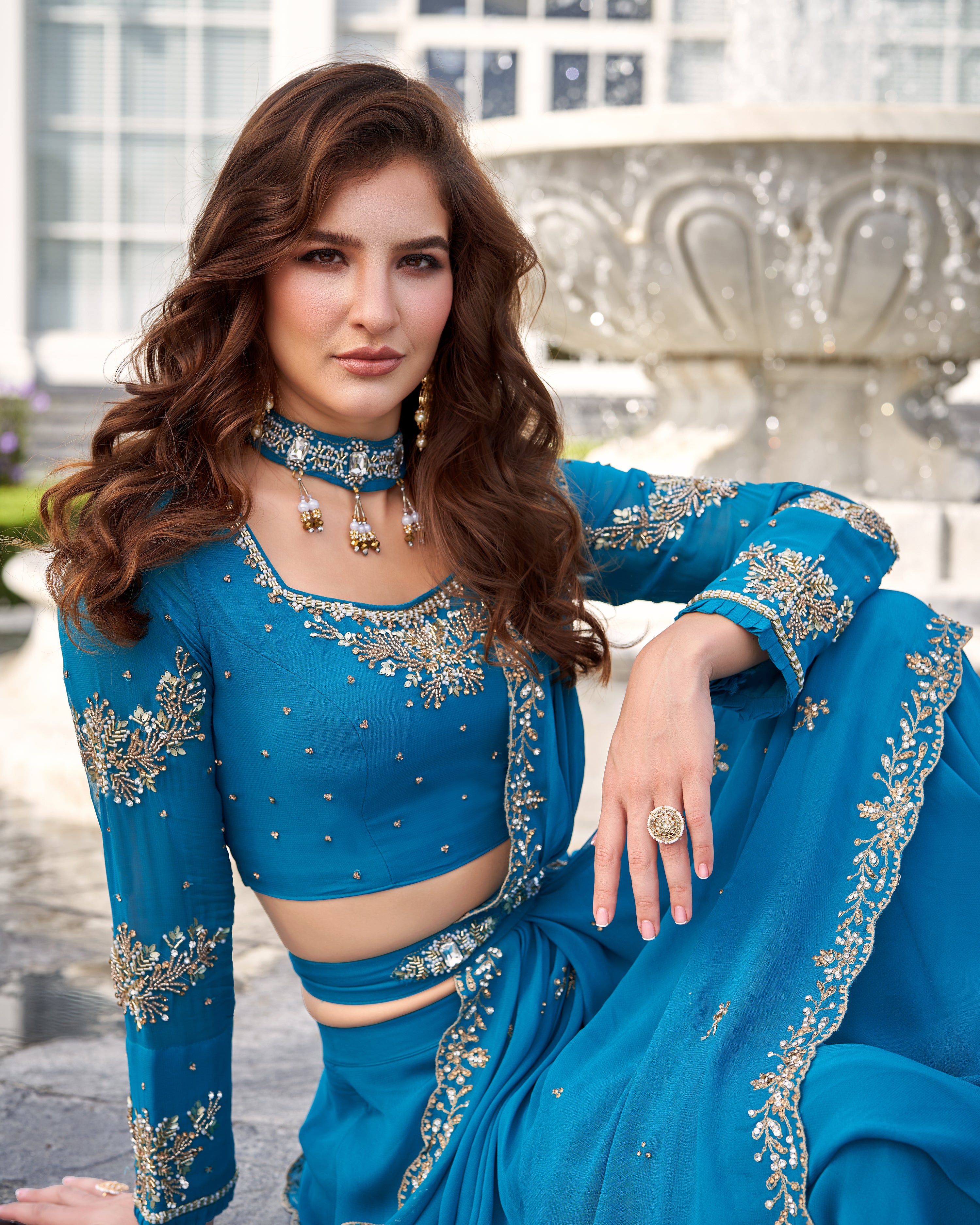 Teal Blue Embellished Saree-Style Skirt Set