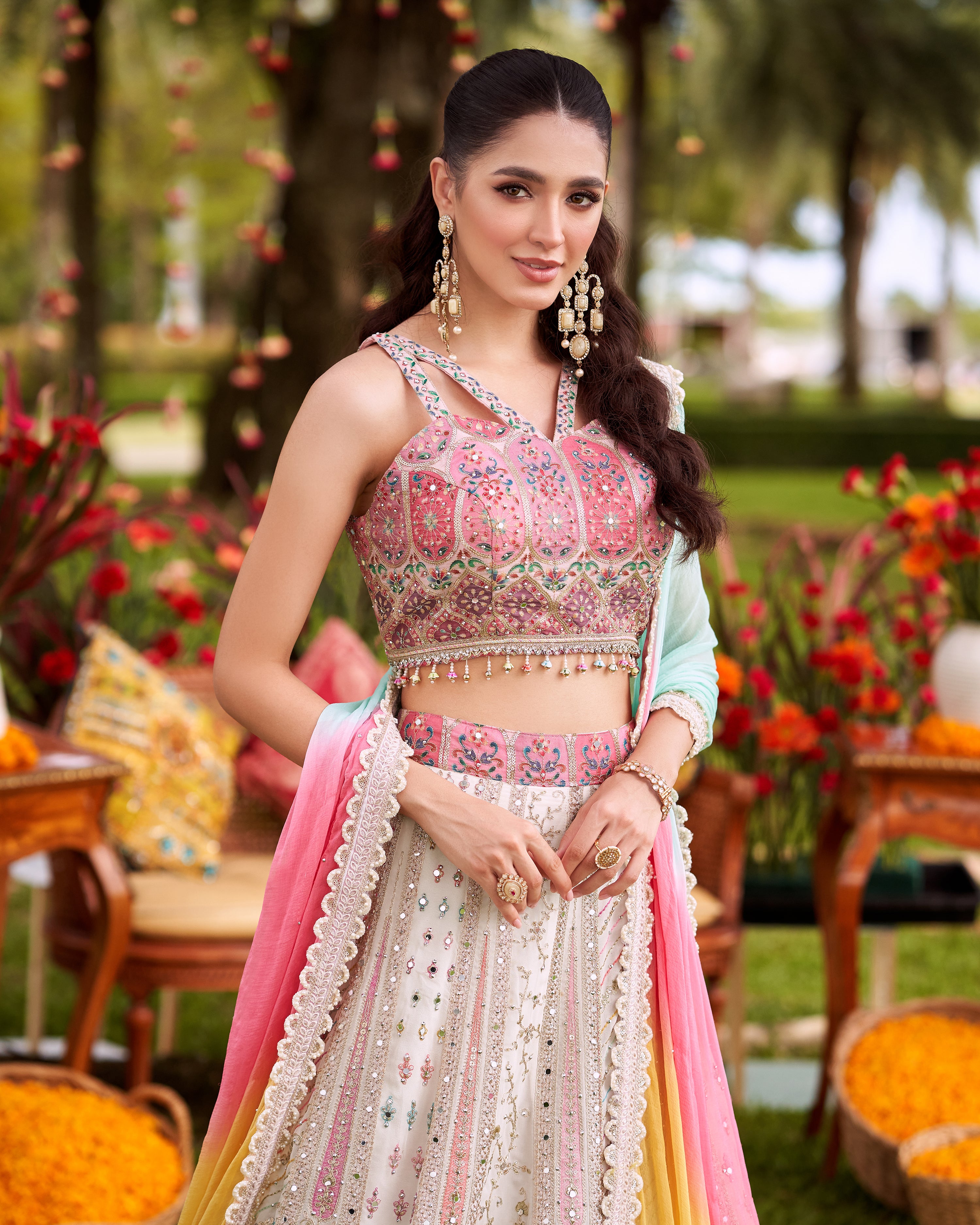 Pastel Multi Embellished Georgette Silk Lehenga Set
