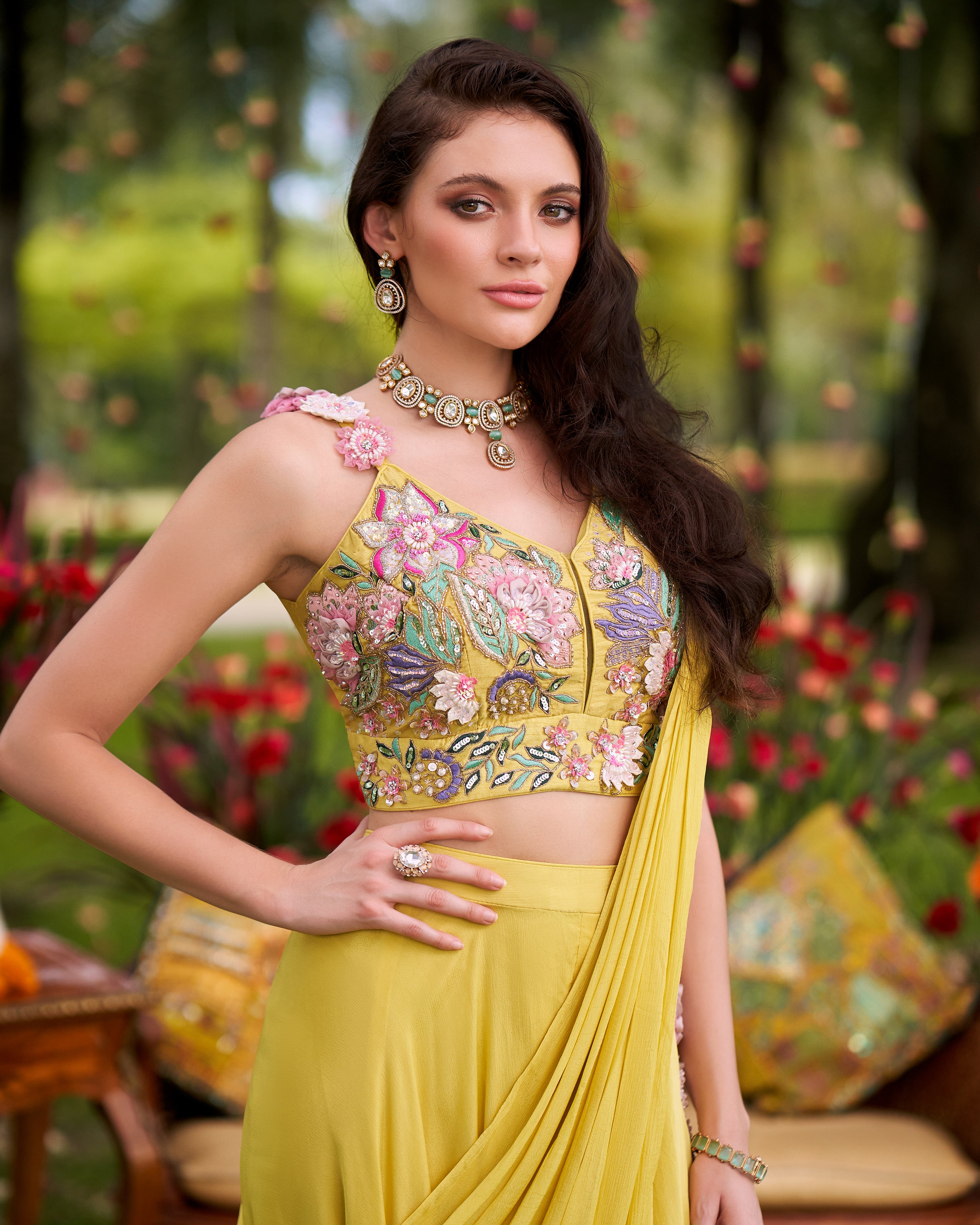 Marigold Yellow Embellished Chinon Silk Palazzo Set