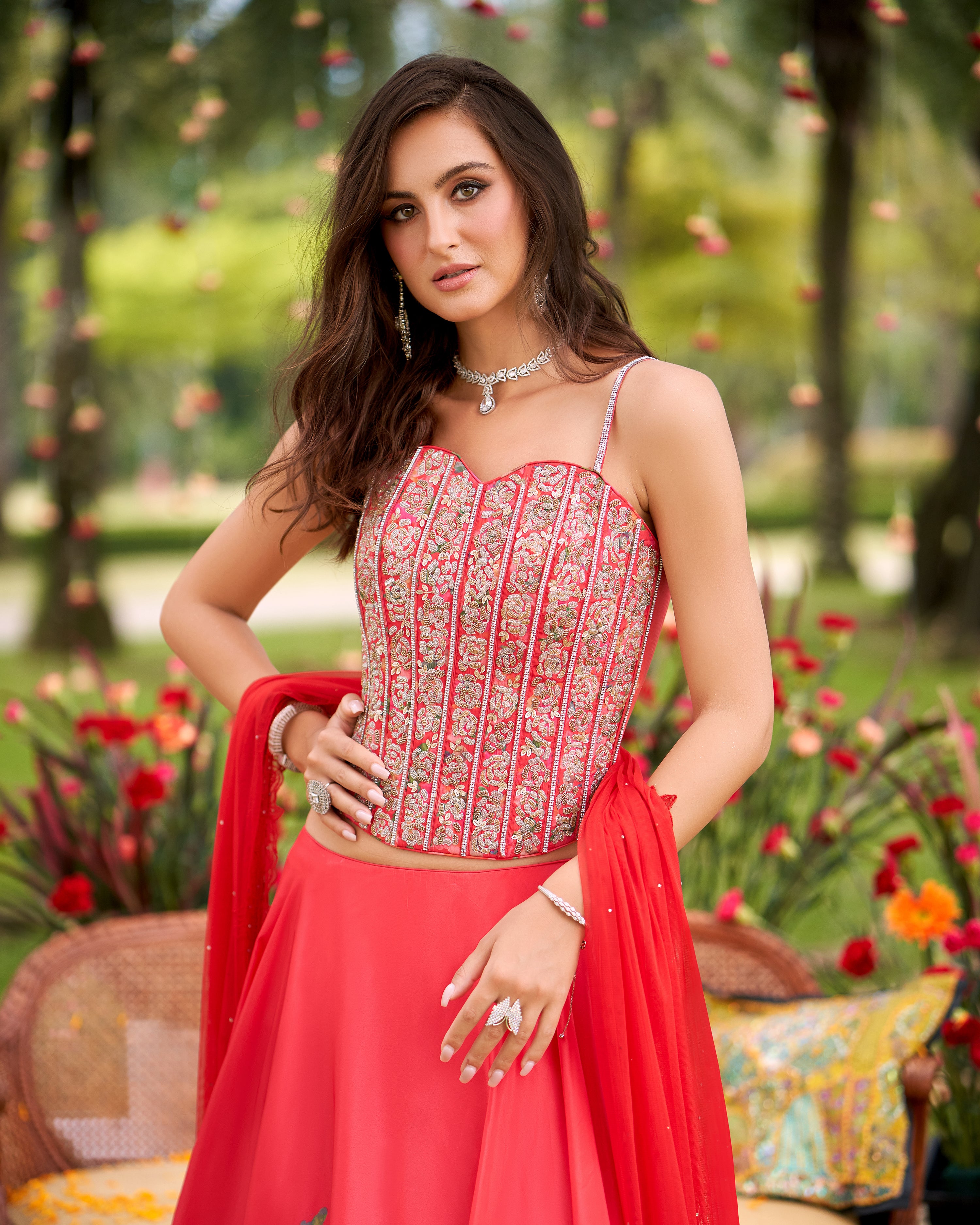 Light Peach Orange Embellished Satin Silk Lehenga Set