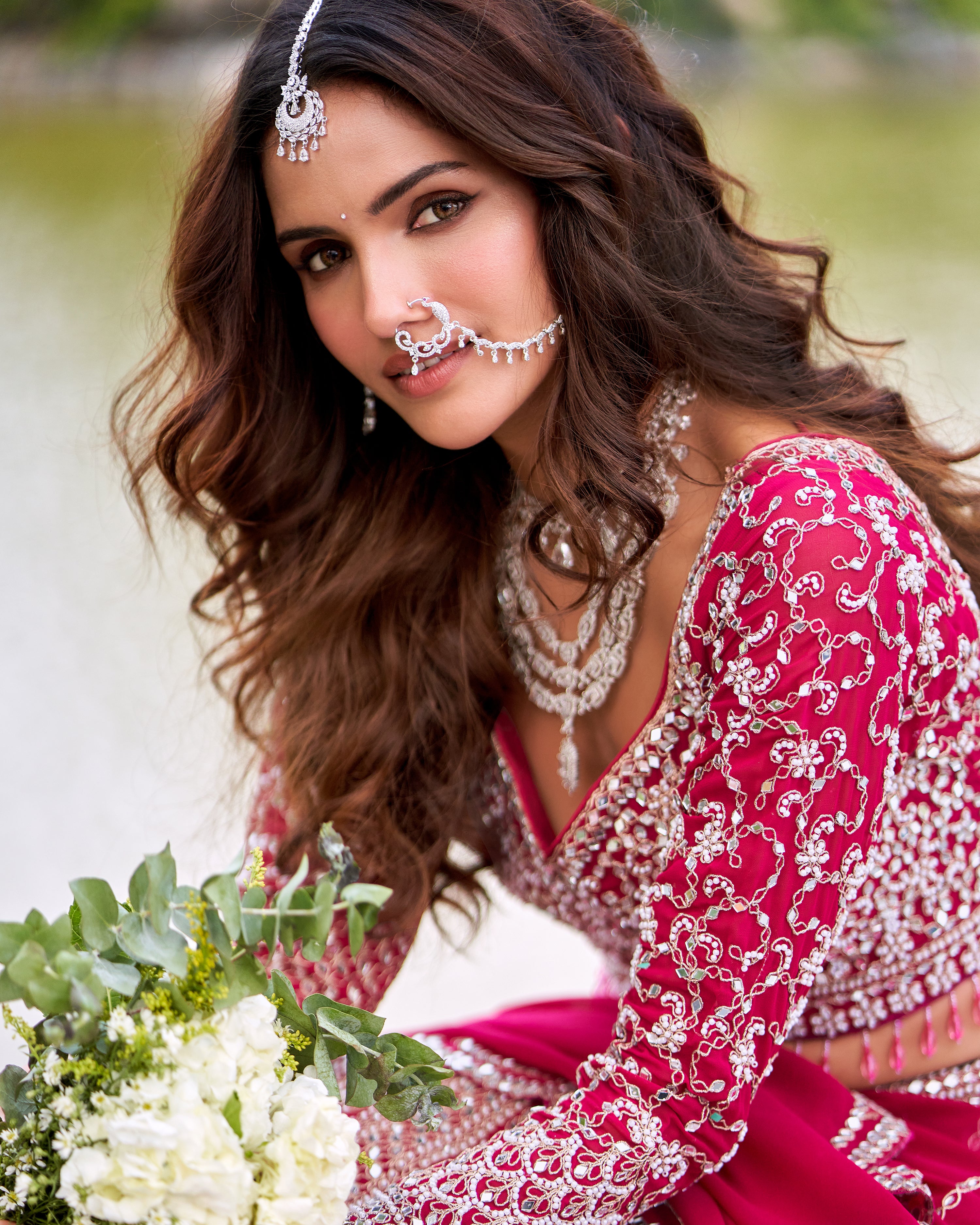 Hot Pink Embellished Georgette Silk Lehenga Set