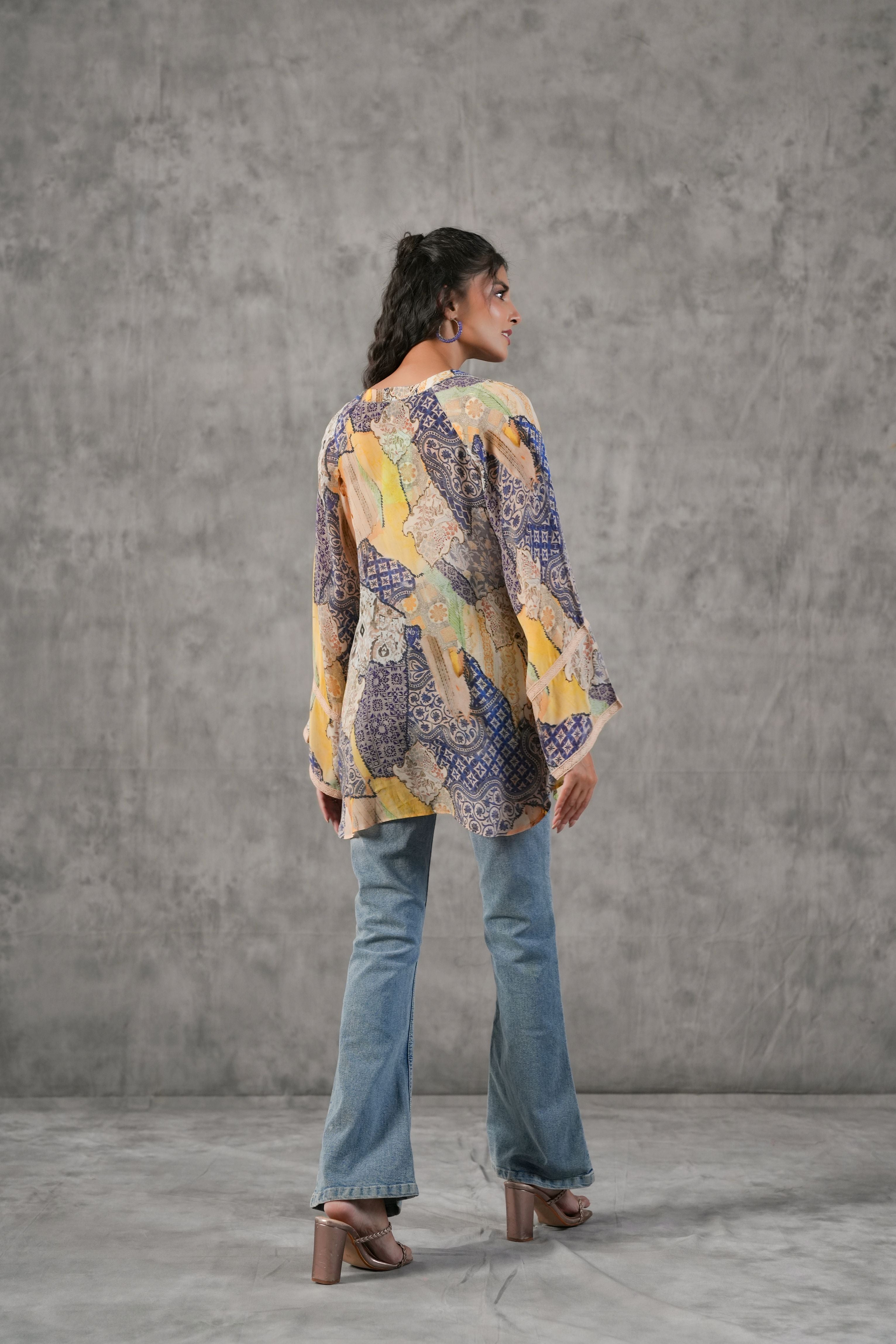 Indigo Ivory Printed Crepe Silk Shirt