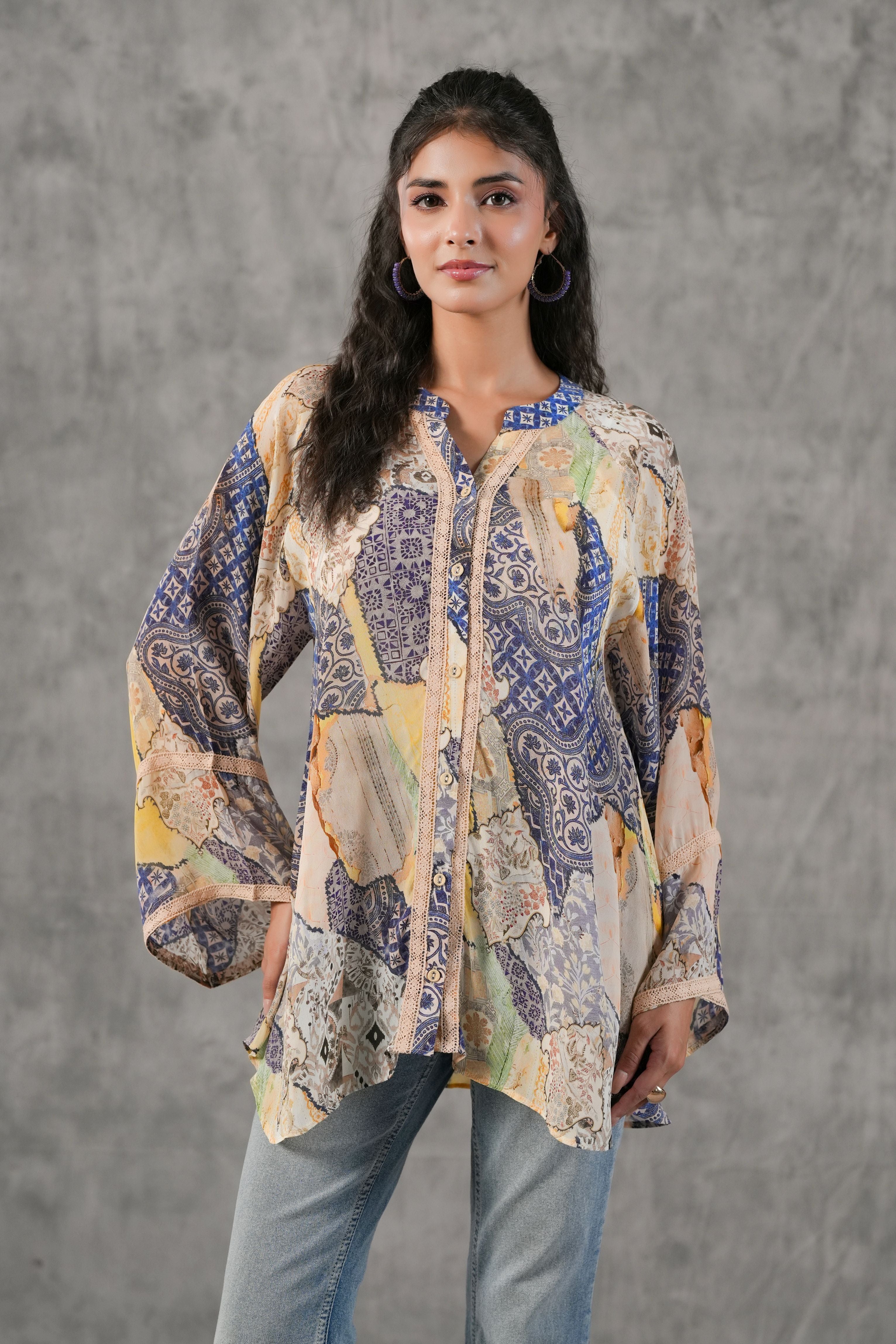 Indigo Ivory Printed Crepe Silk Shirt