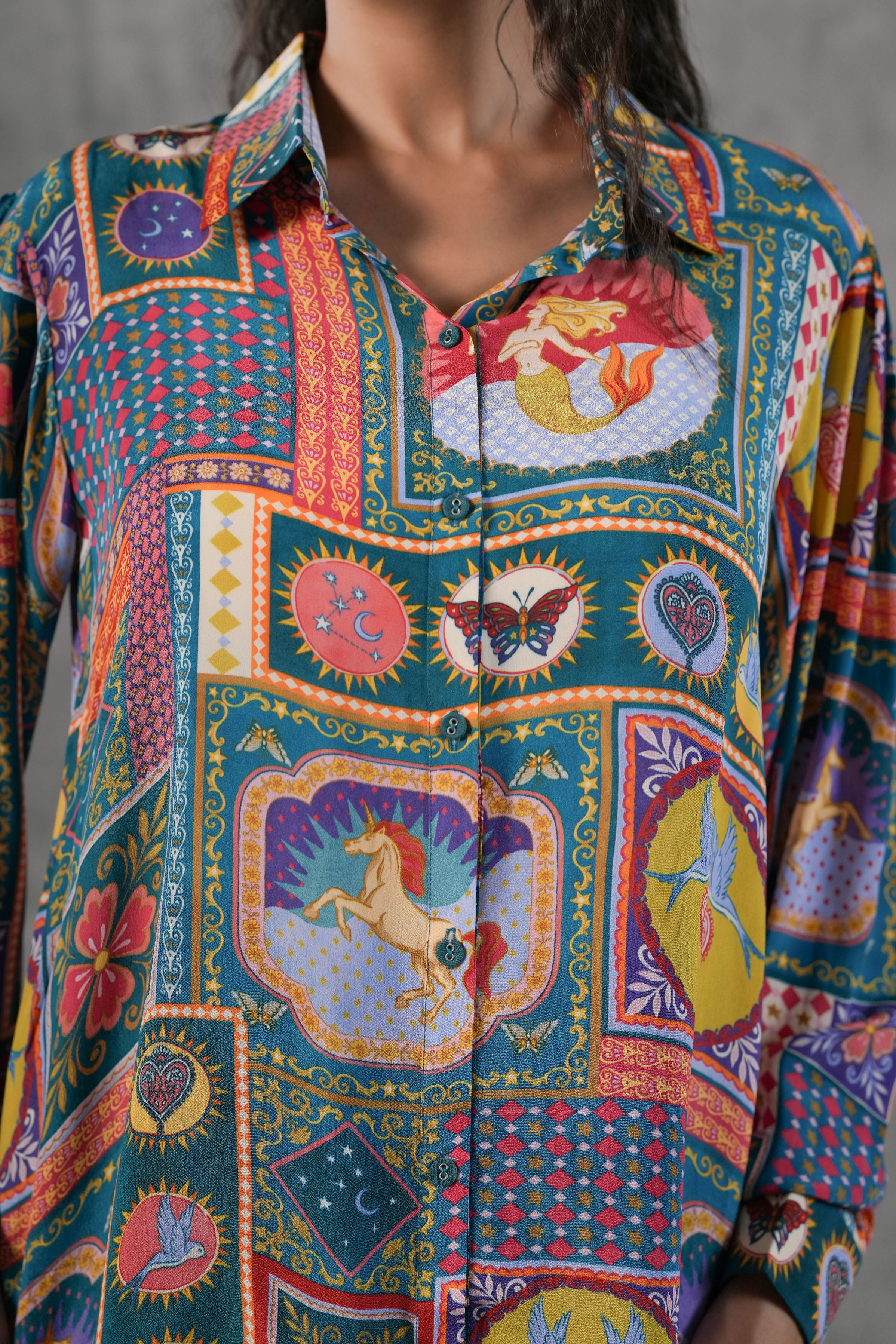 Teal Multicolor Printed Crepe Silk Shirt