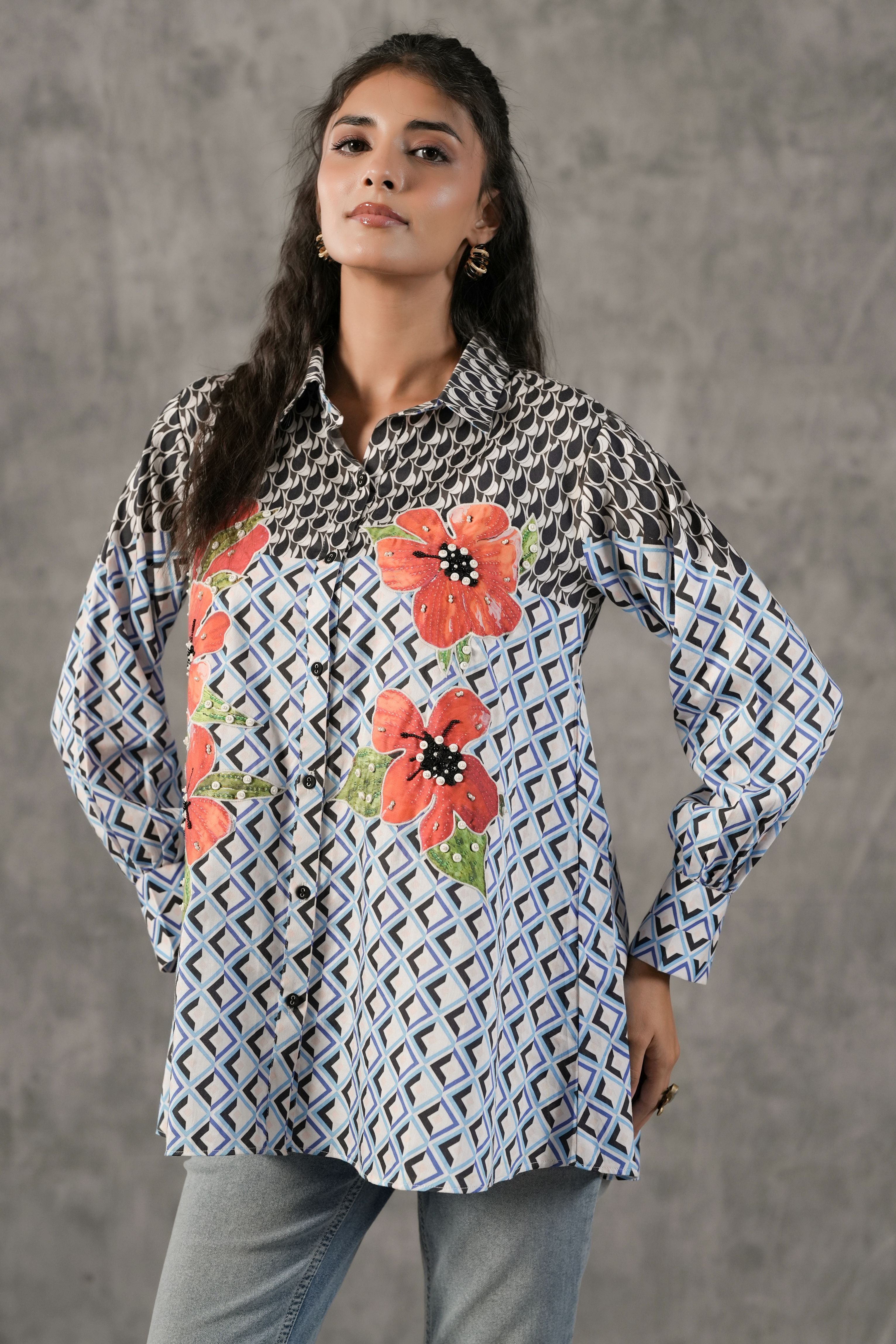 Sky Blue Geometric Printed Cotton Shirt