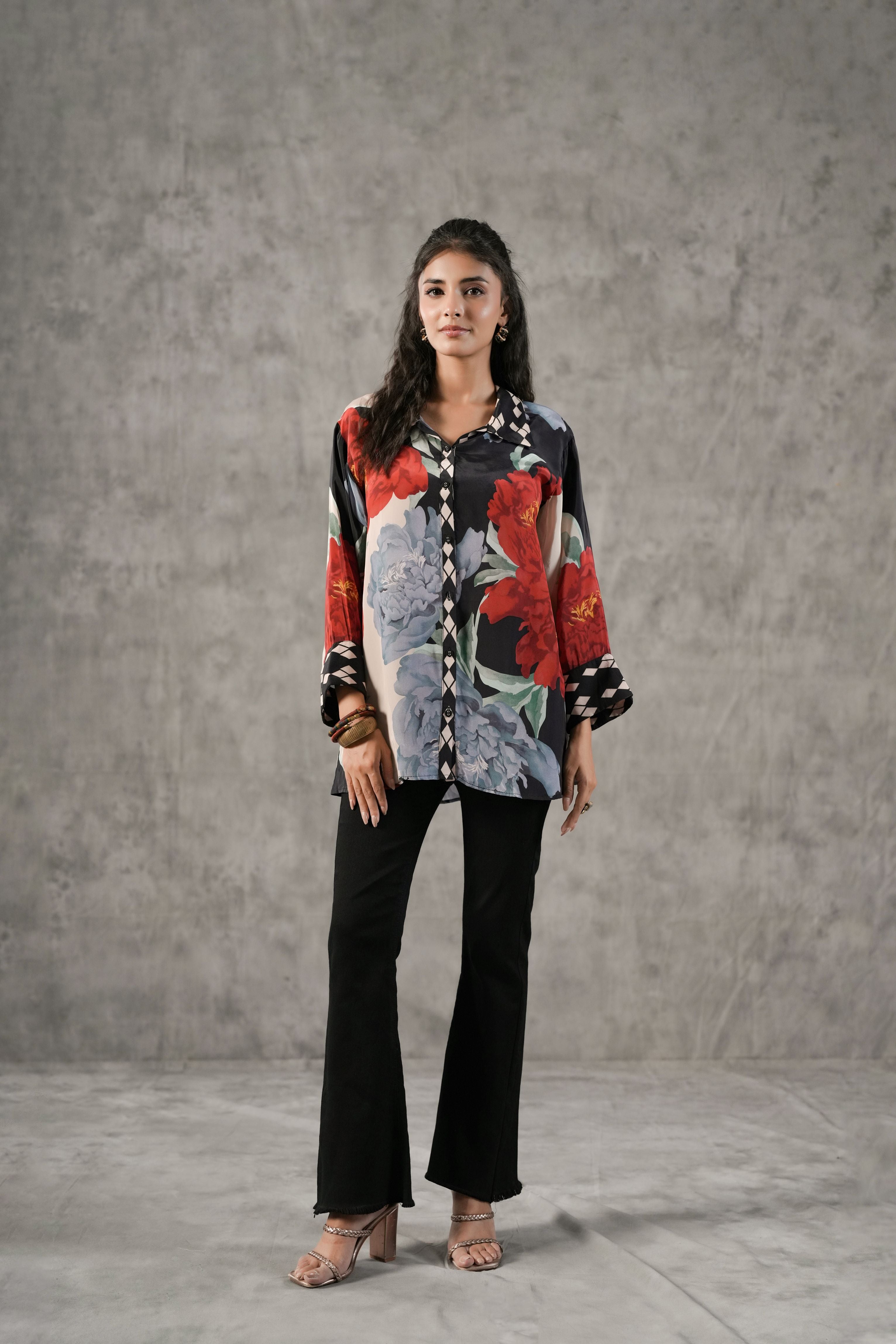 Scarlet Black Printed Crepe Silk Shirt