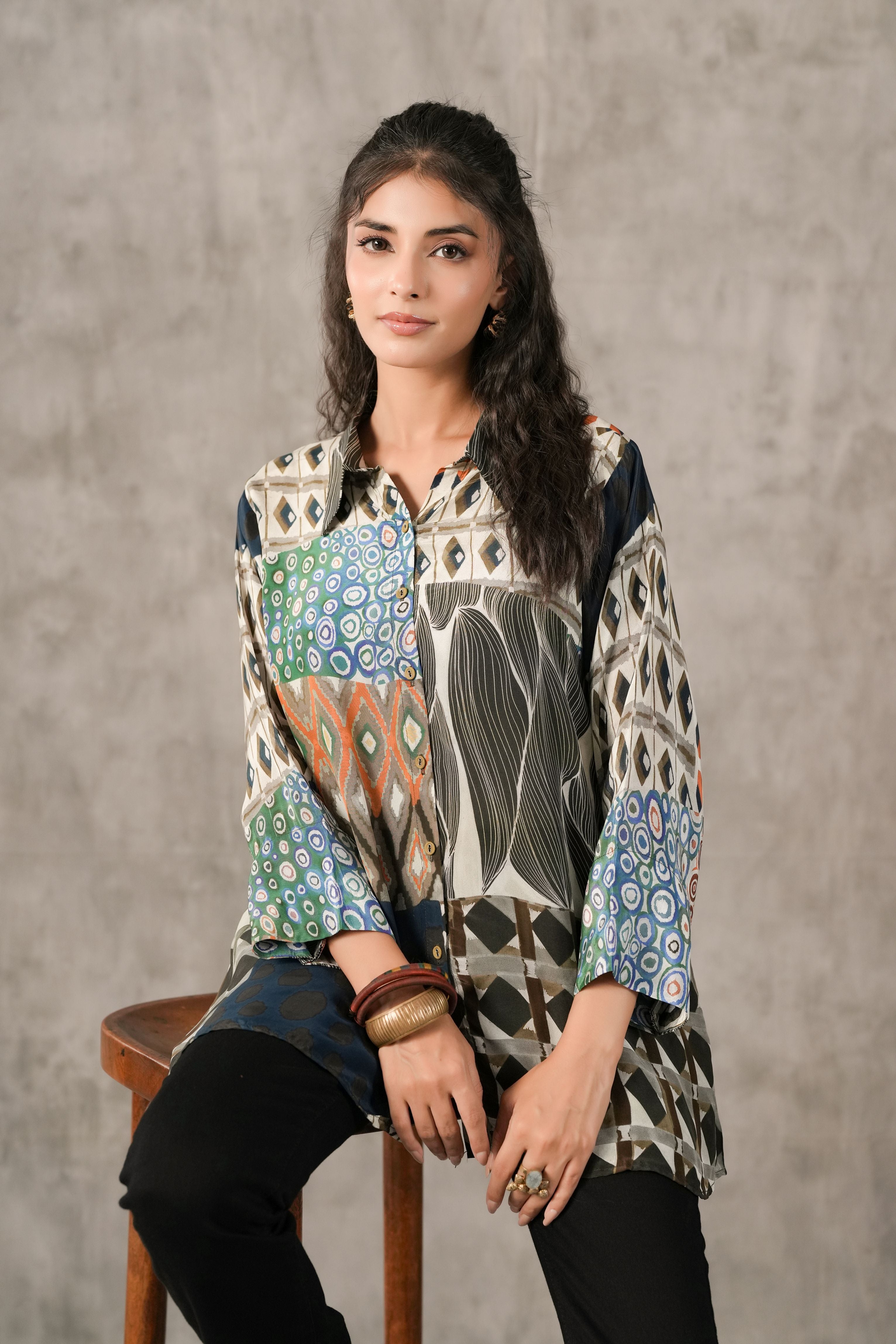 Onyx Black Printed Crepe Silk Shirt