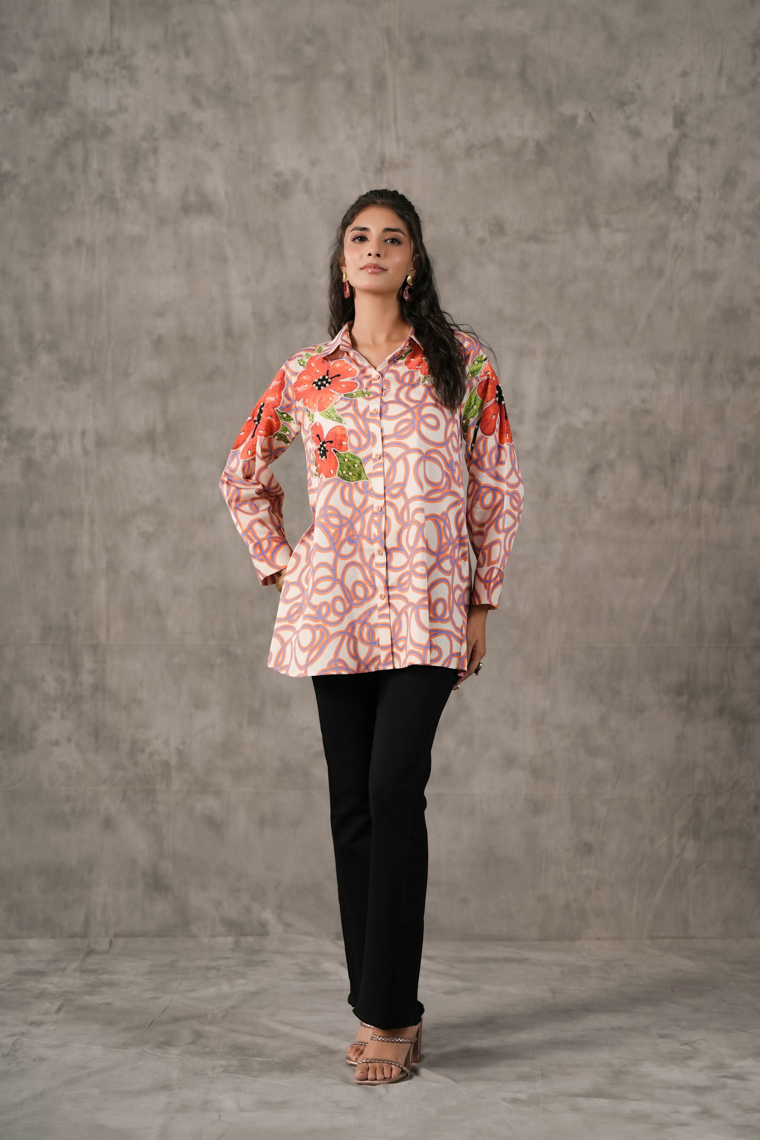 Blush Coral Swirl Printed Cotton Shirt