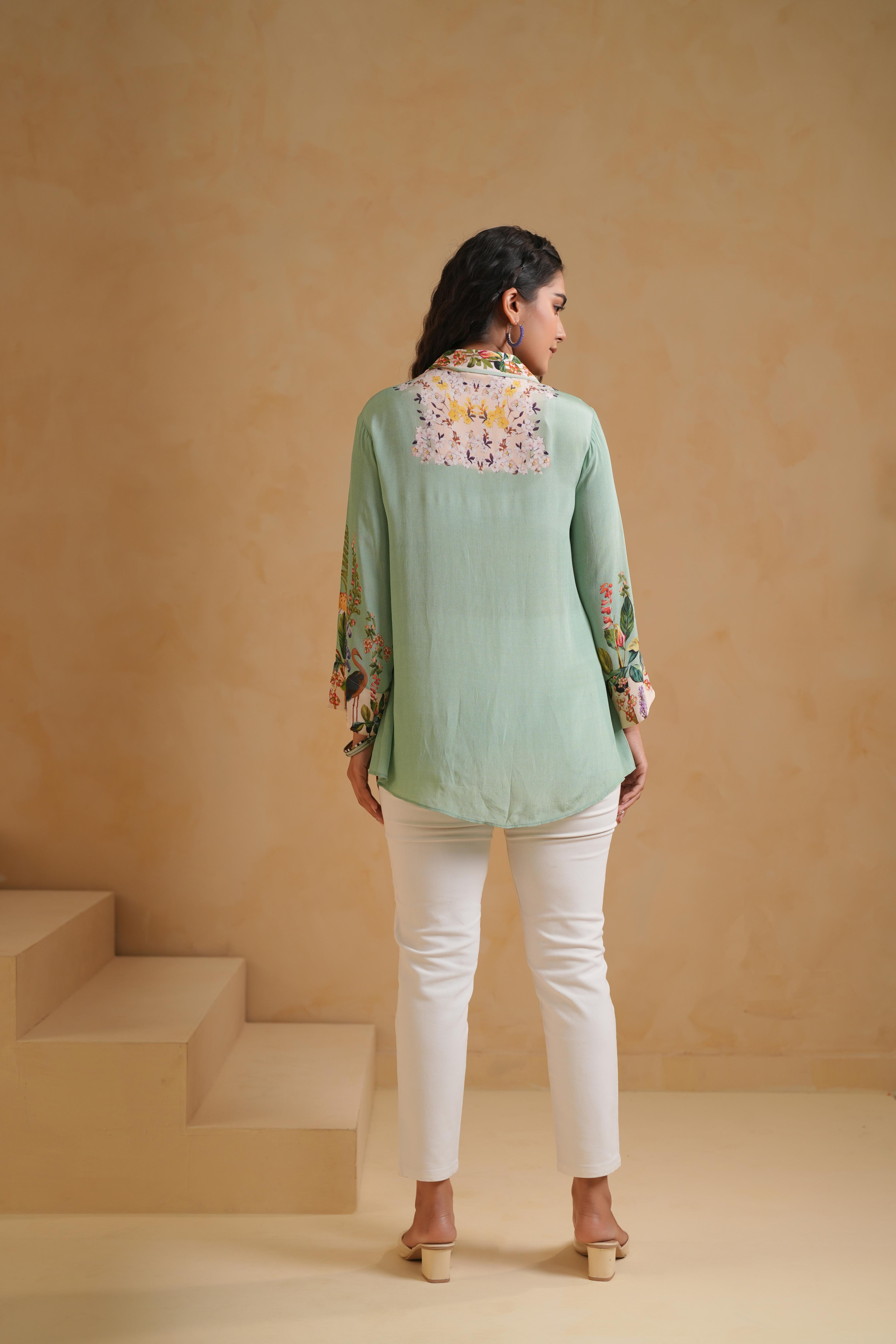 Soft Mint Green Printed Viscose Crepe Top