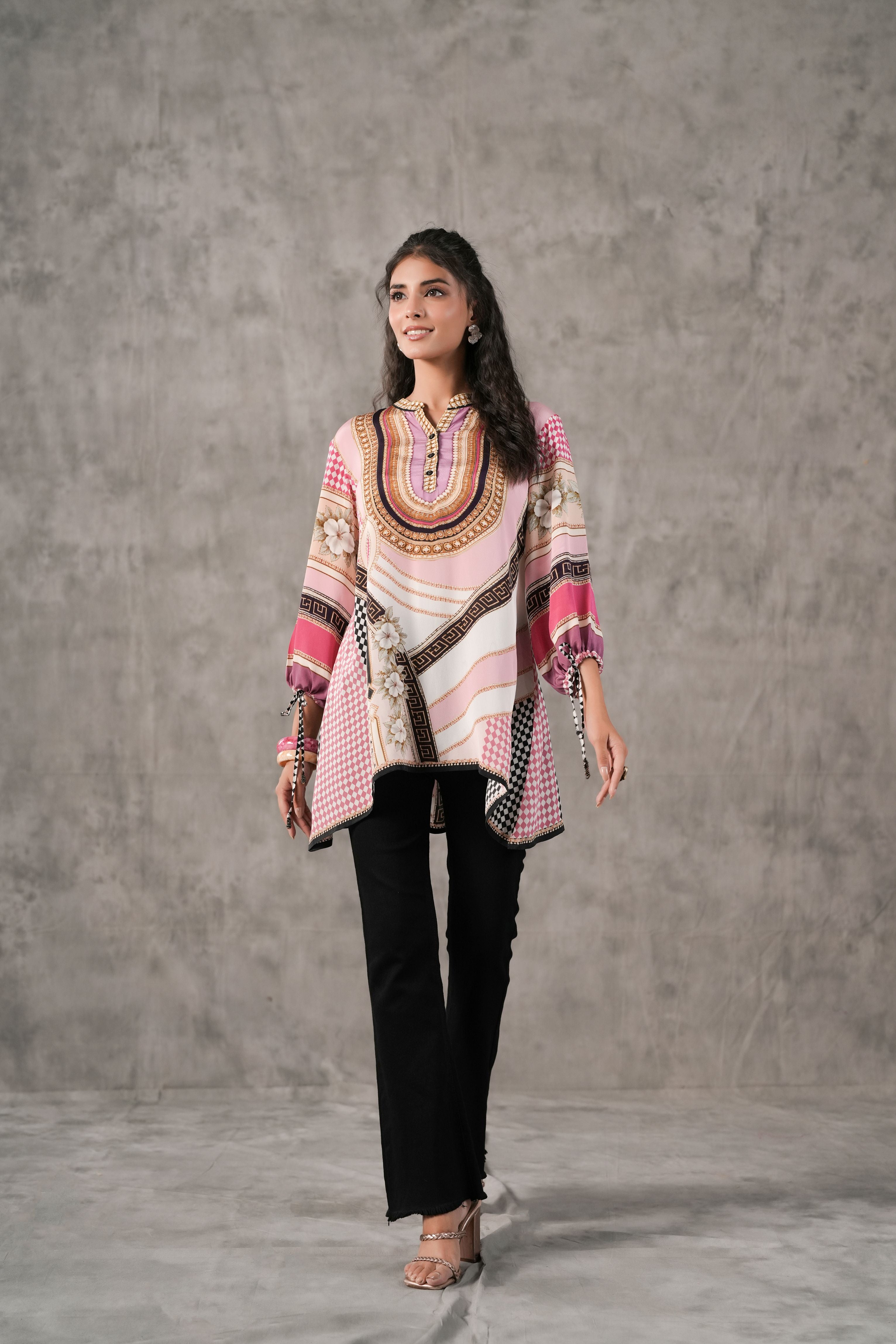 Baby Pink Printed Crepe Silk Tunic