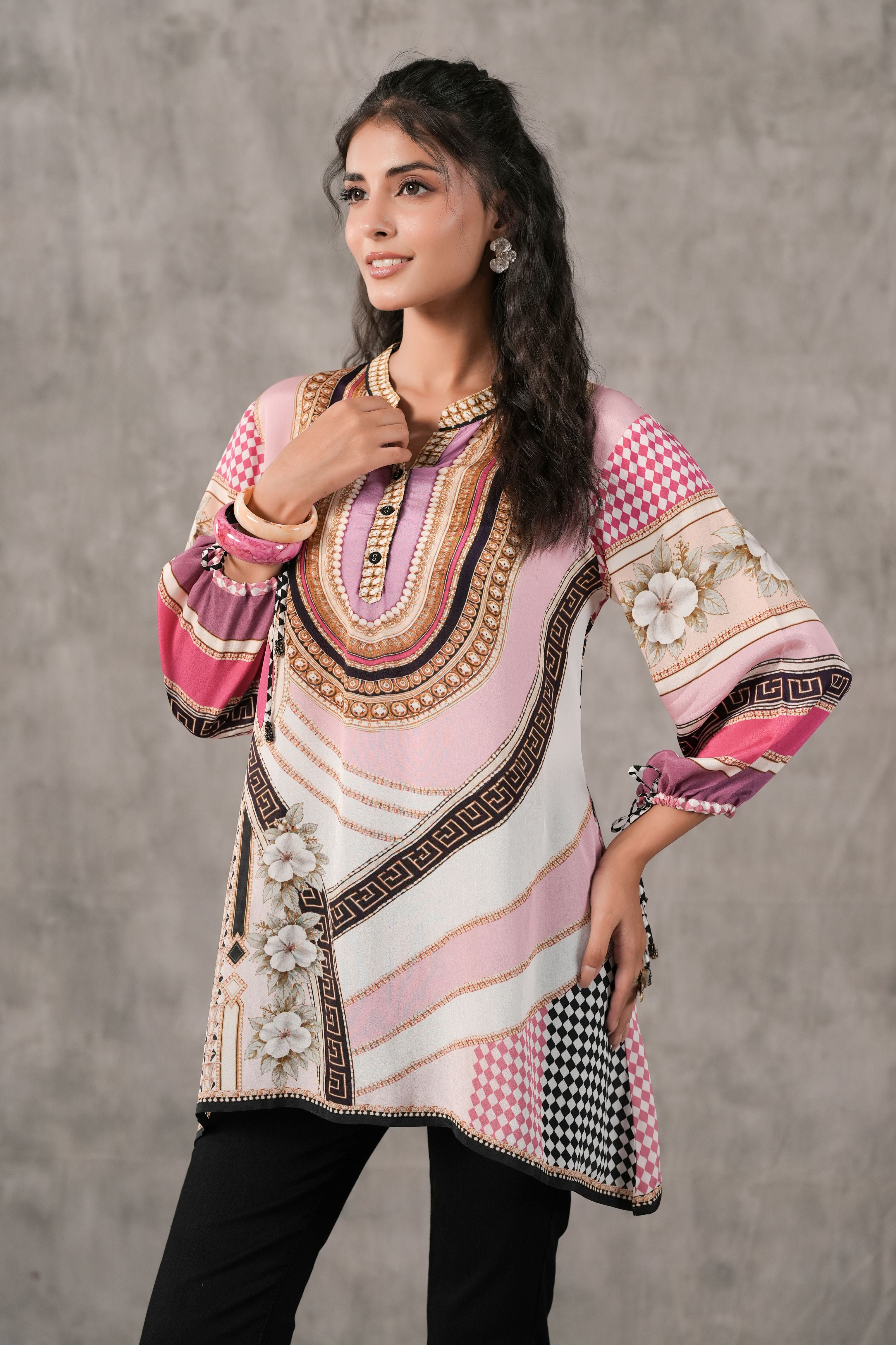 Baby Pink Printed Crepe Silk Tunic