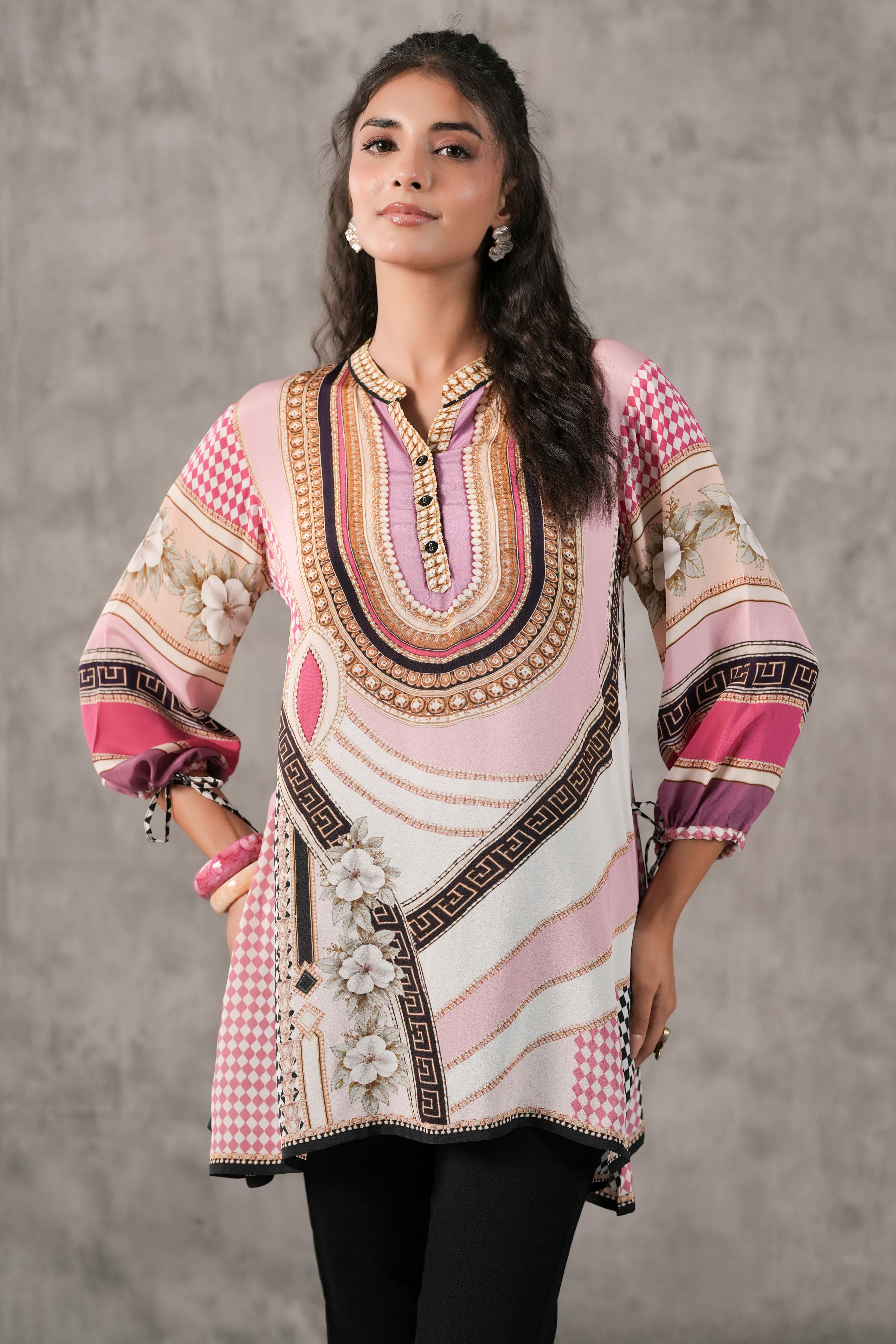 Baby Pink Printed Crepe Silk Tunic