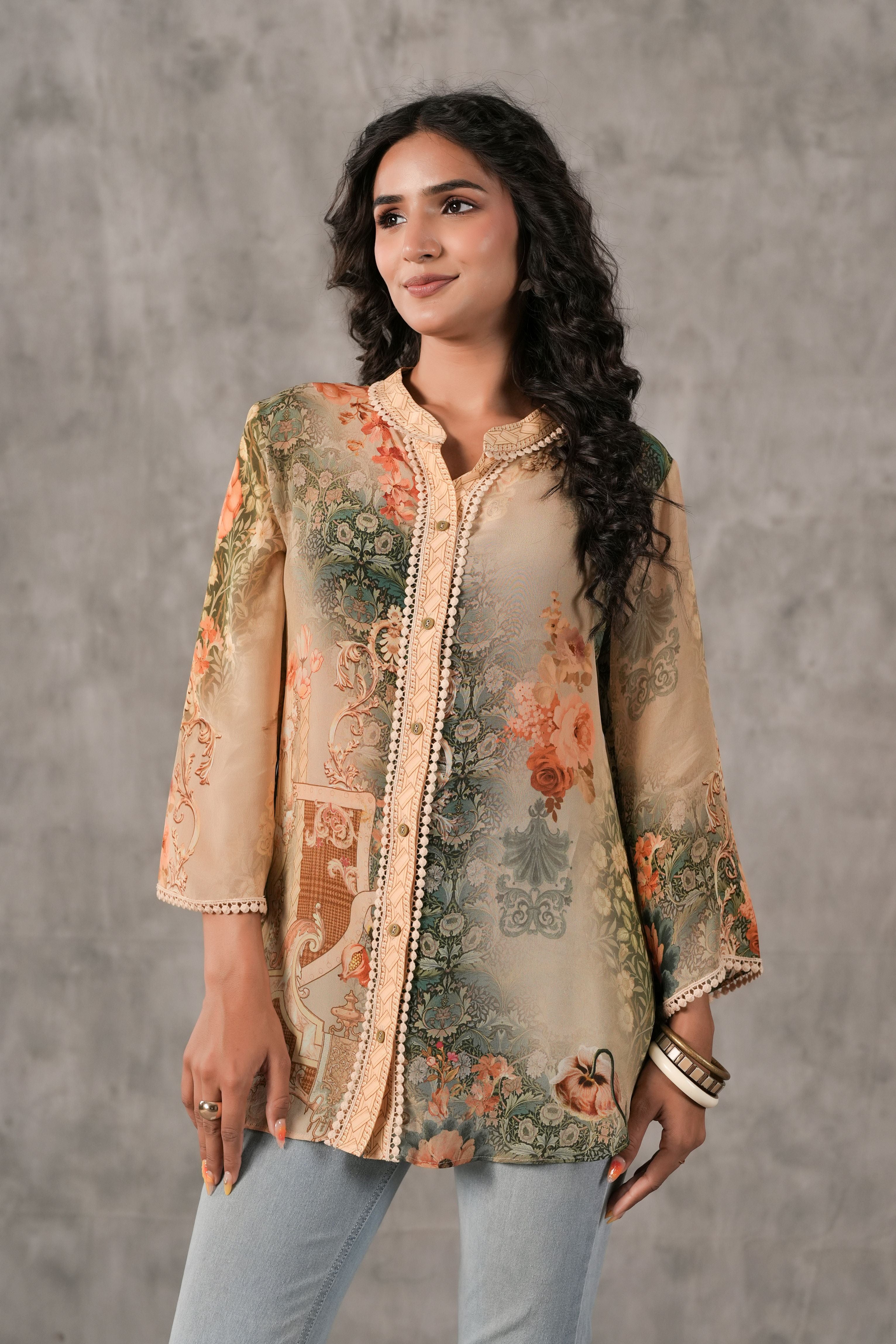 Sand Beige Printed Crepe Silk Shirt