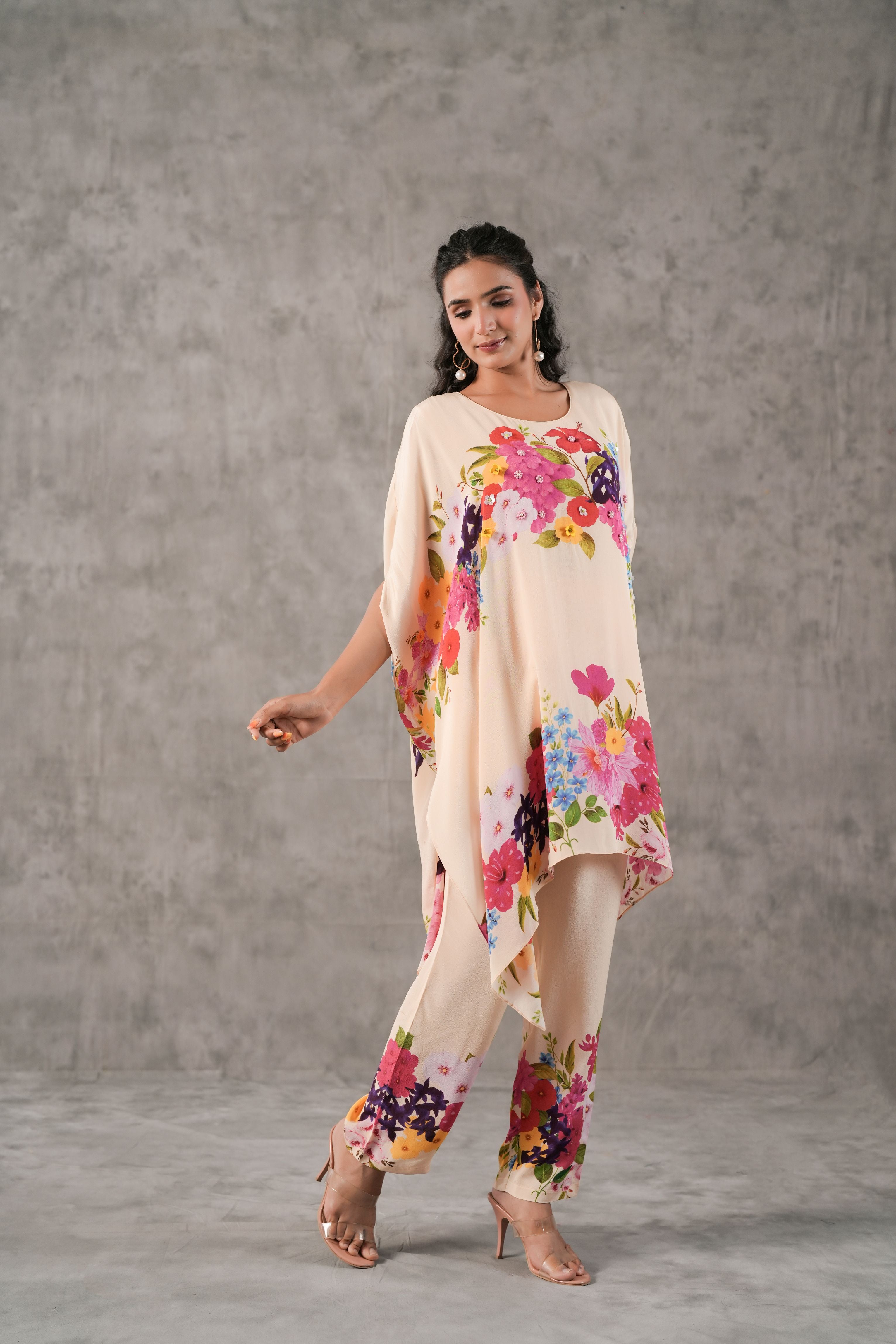 Flower Beige Printed Crepe Silk Kaftan Set
