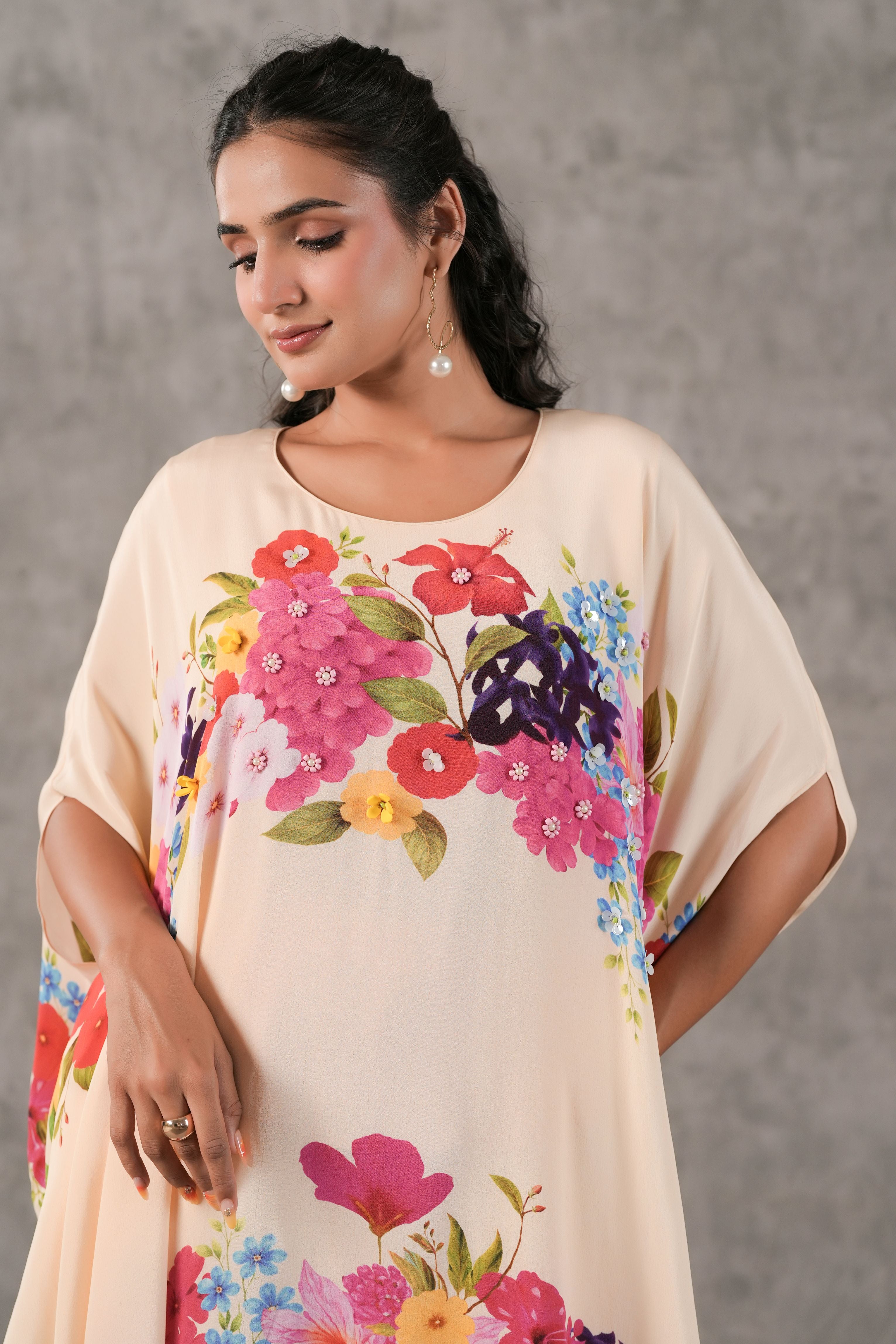 Flower Beige Printed Crepe Silk Kaftan Set