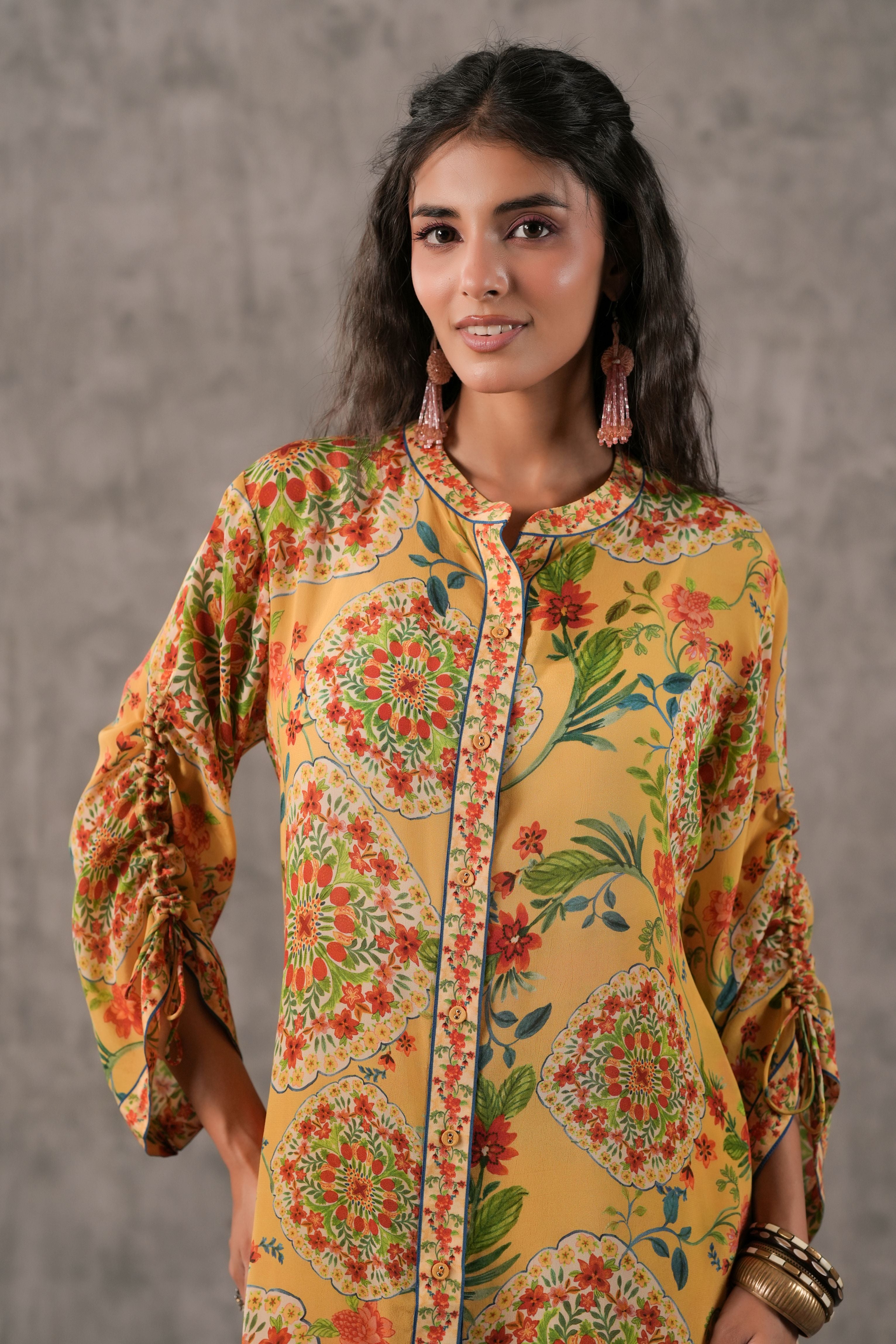 Pale Yellow Printed Crepe Silk Co-Ord Set
