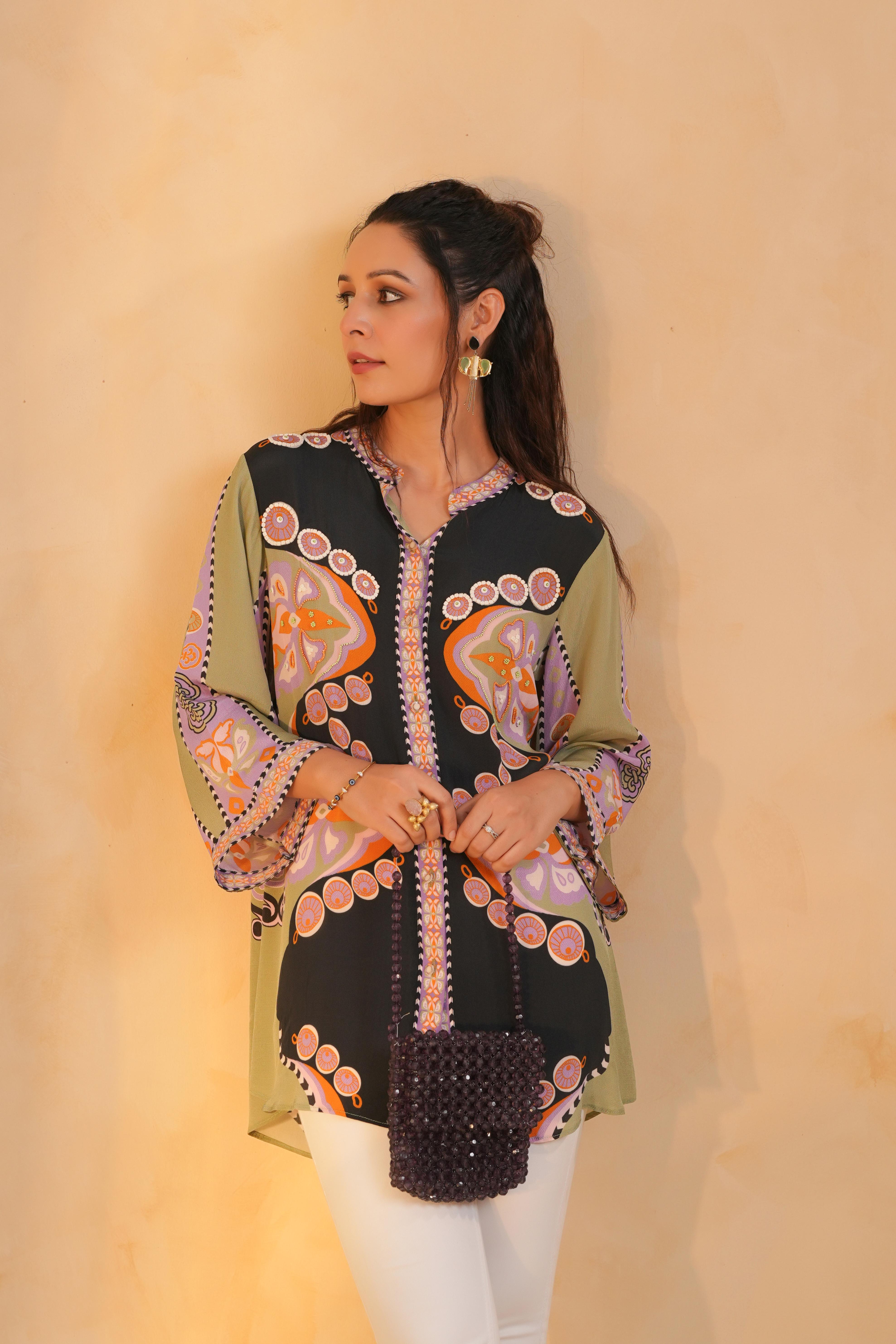 Black Printed Viscose Crepe Top