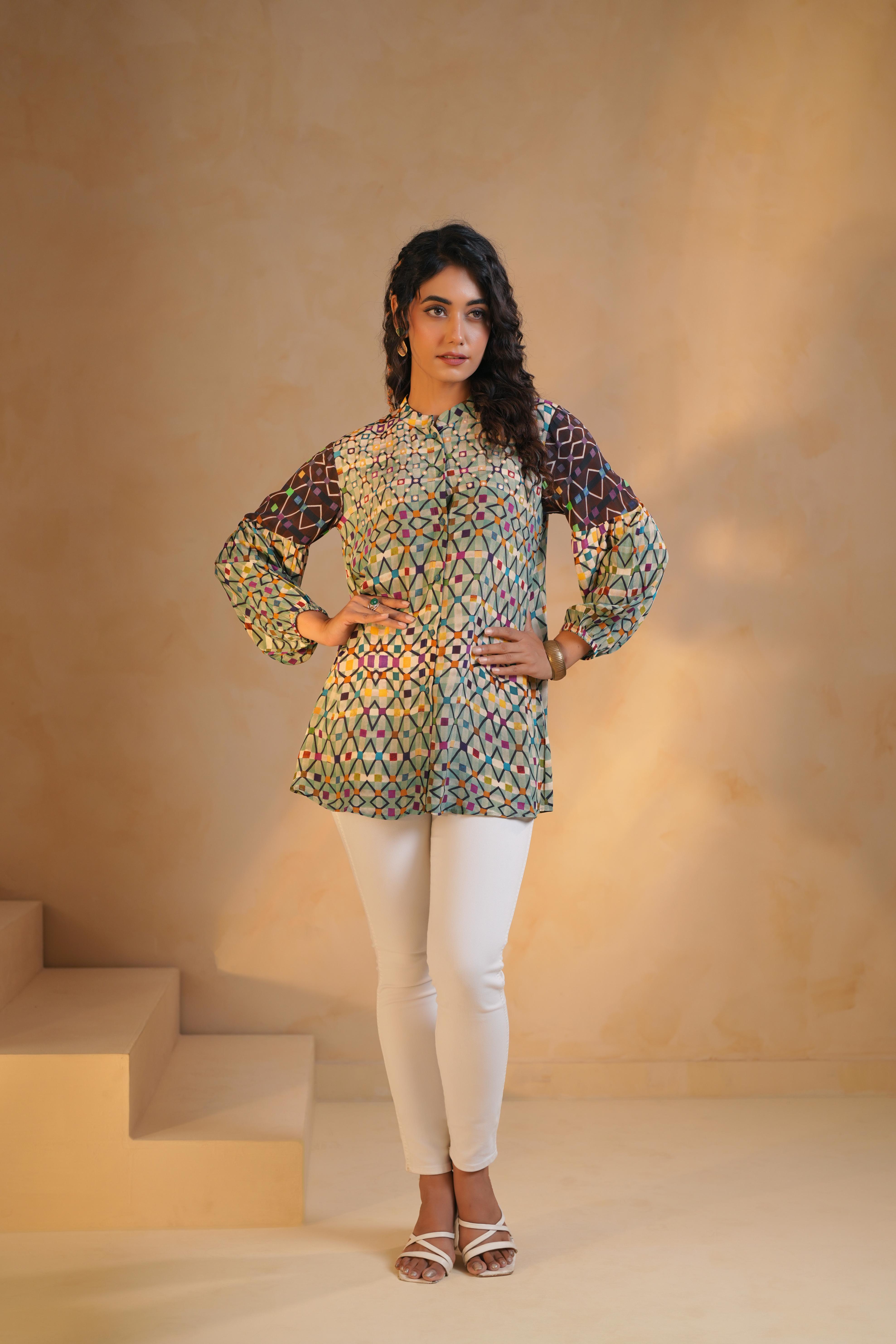 Light Green Printed Viscose Crepe Top