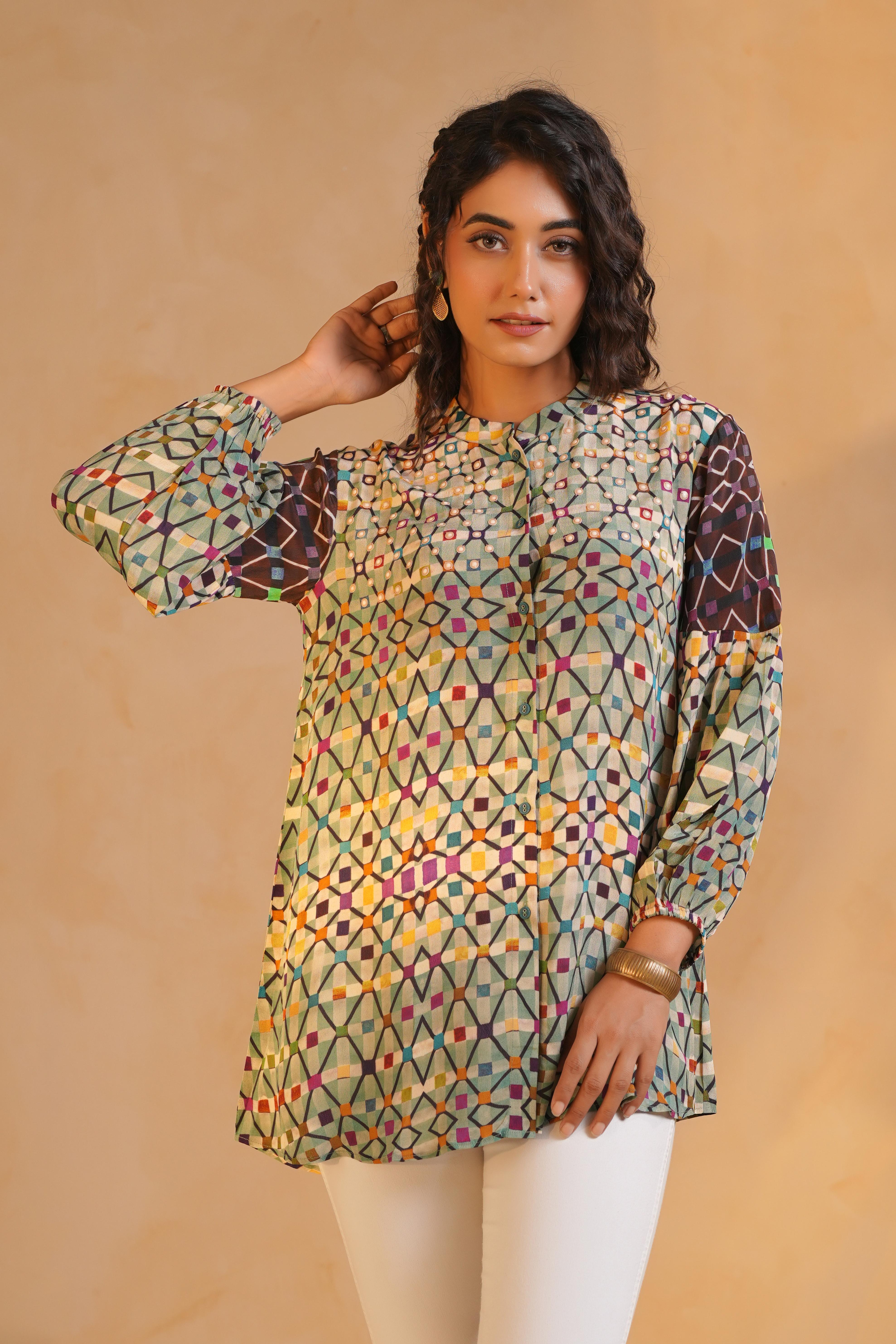 Light Green Printed Viscose Crepe Top