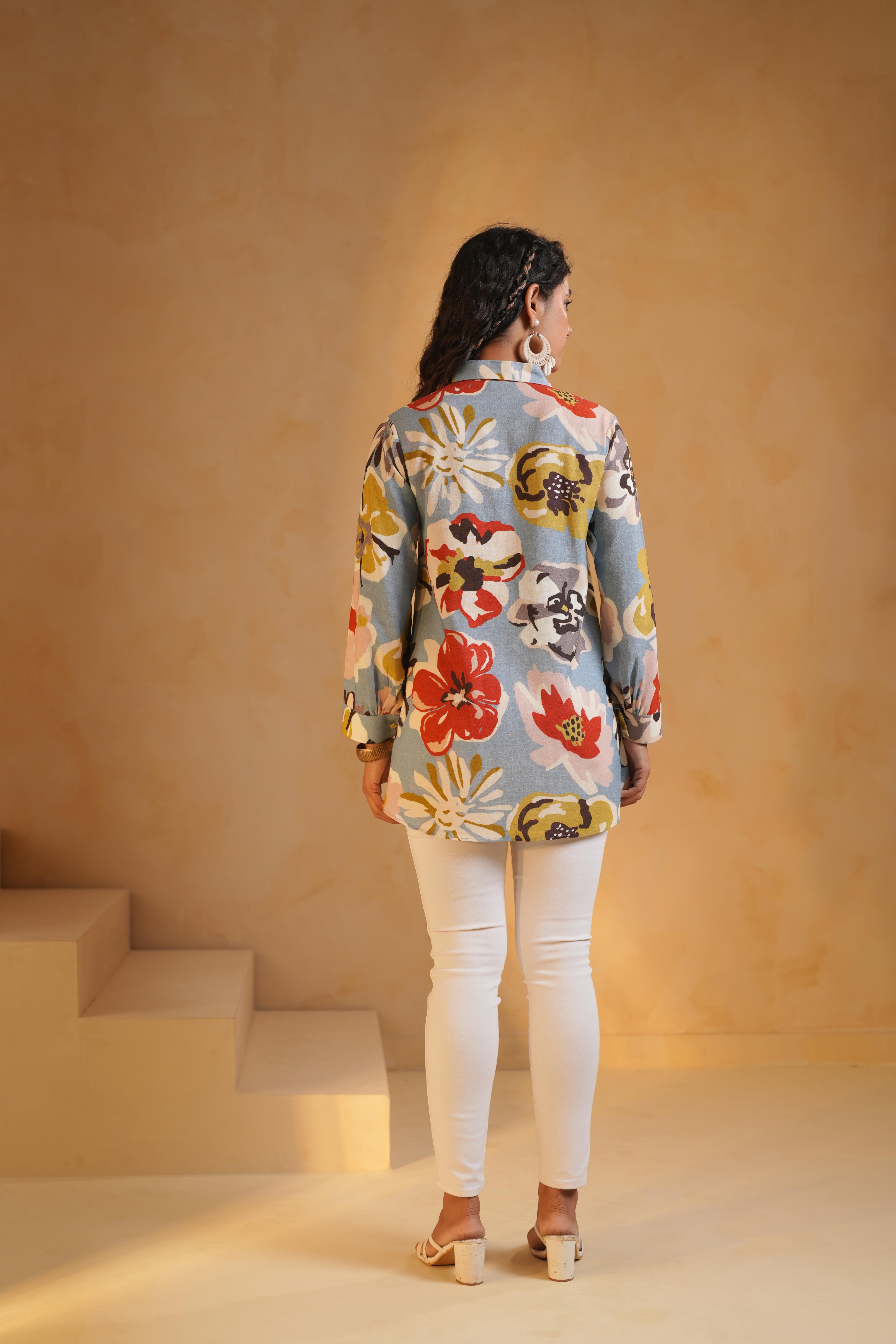 Dusty Blue Printed Linen Top