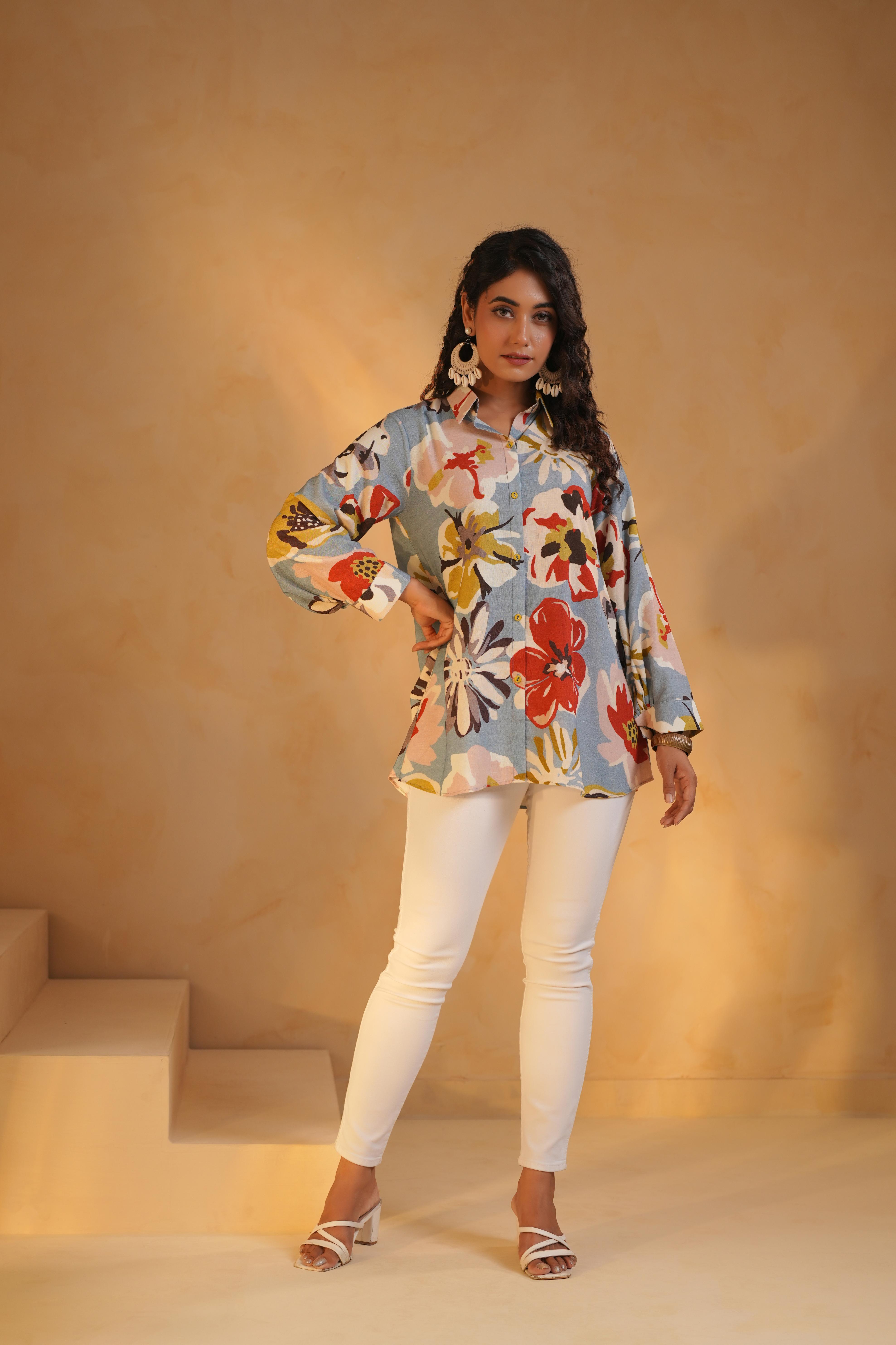 Dusty Blue Printed Linen Top