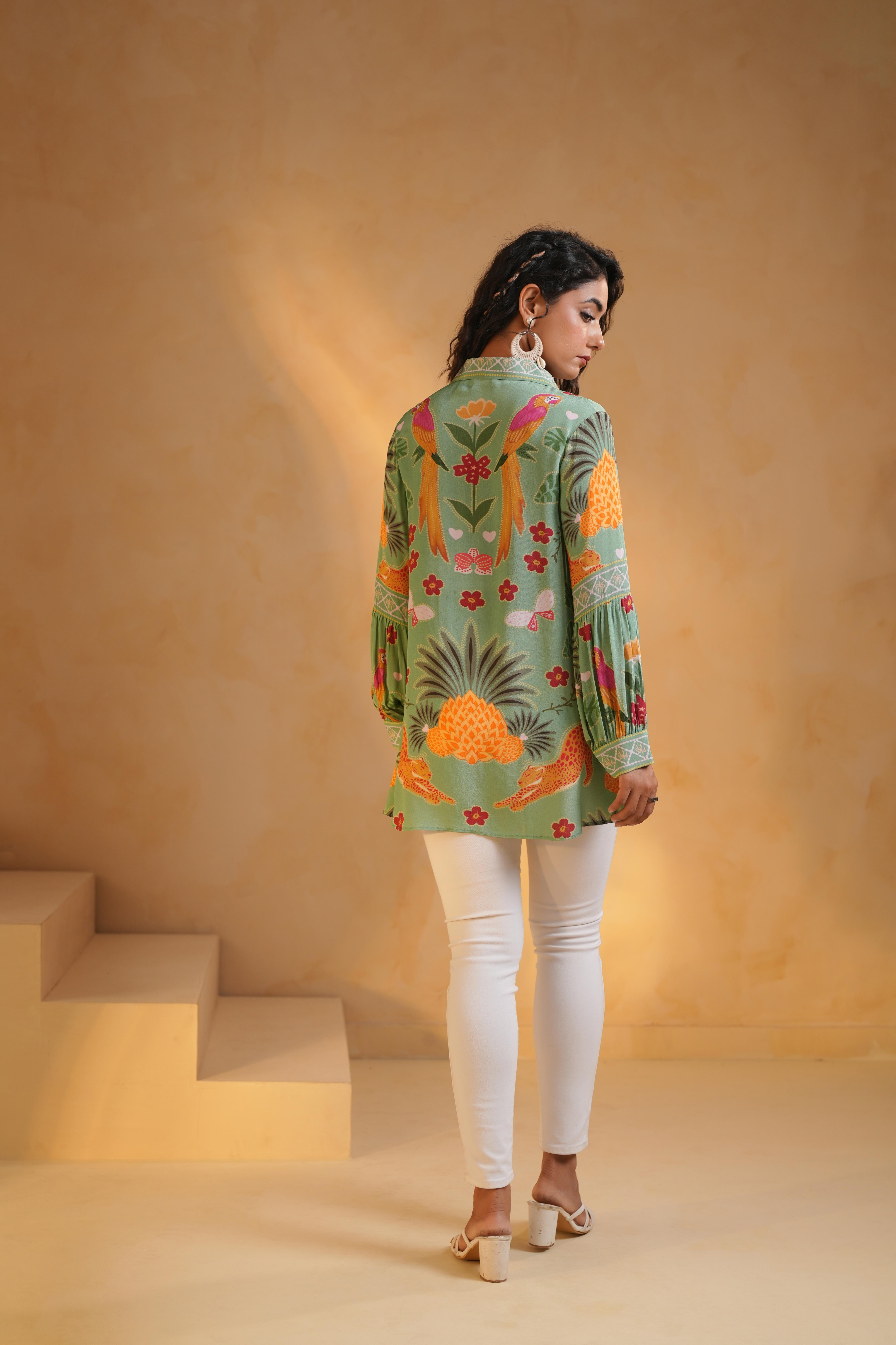 Sage Green Printed Crepe Silk Top