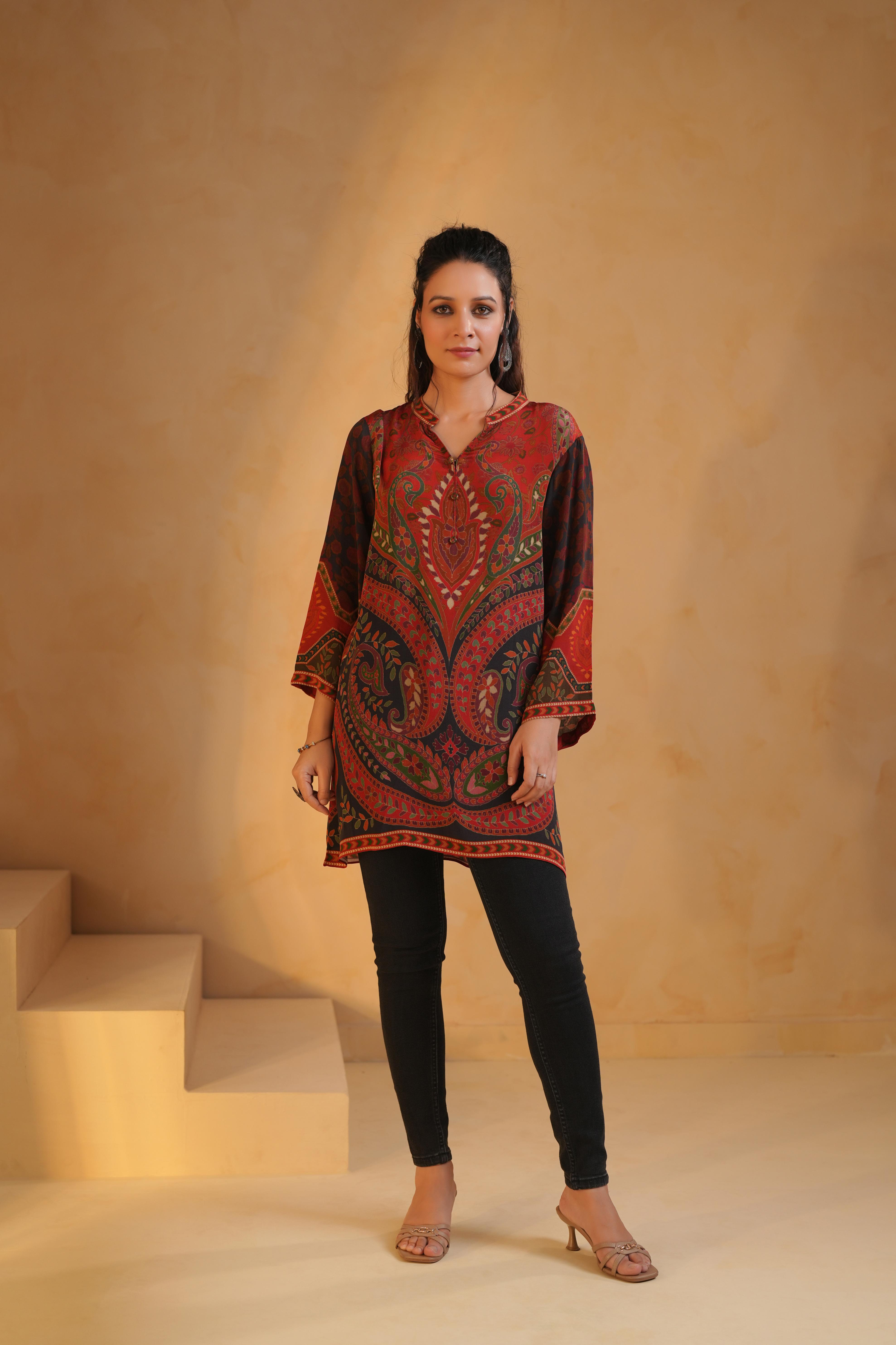 Rust Red Printed Crepe Silk Top