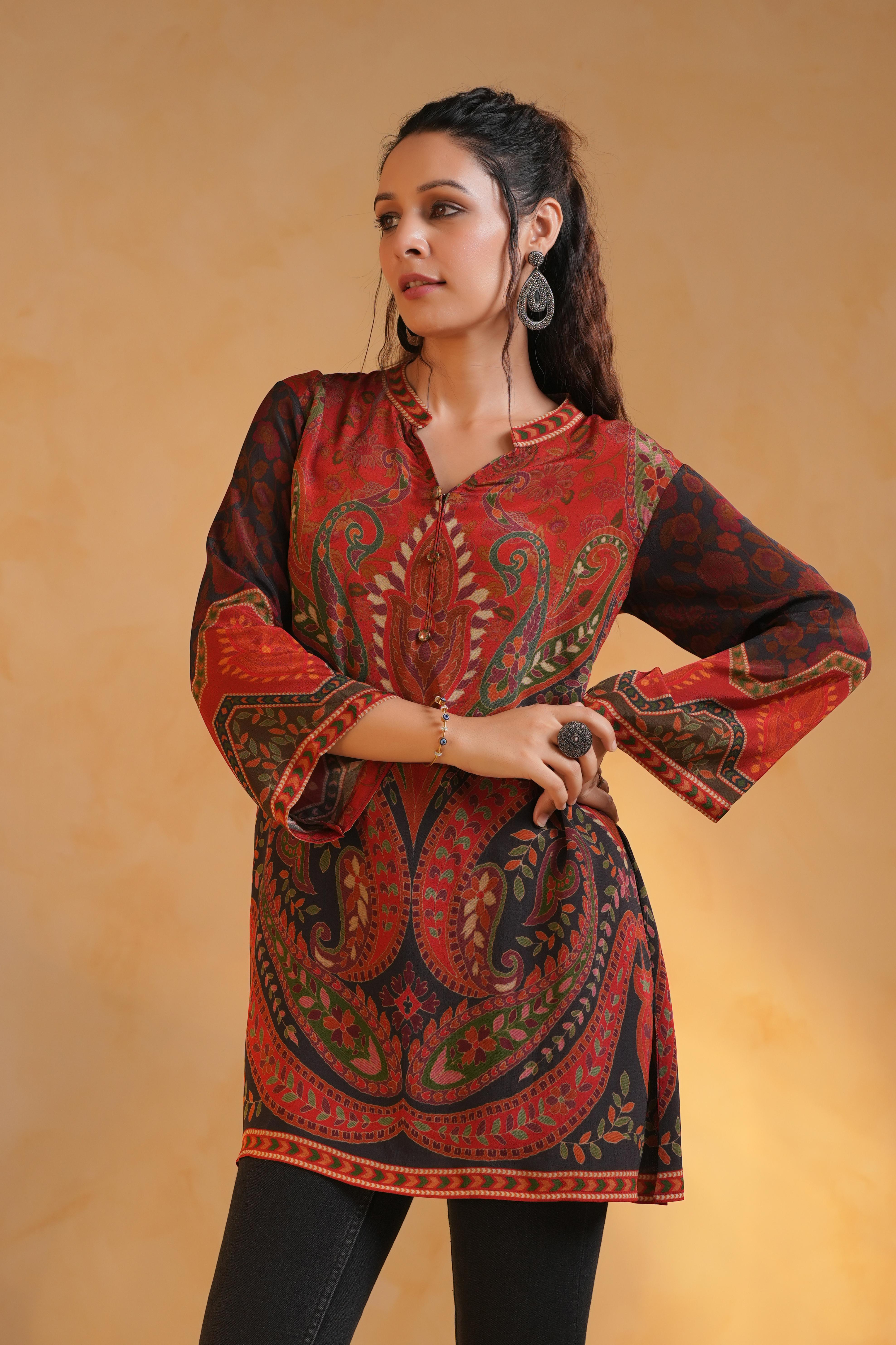 Rust Red Printed Crepe Silk Top