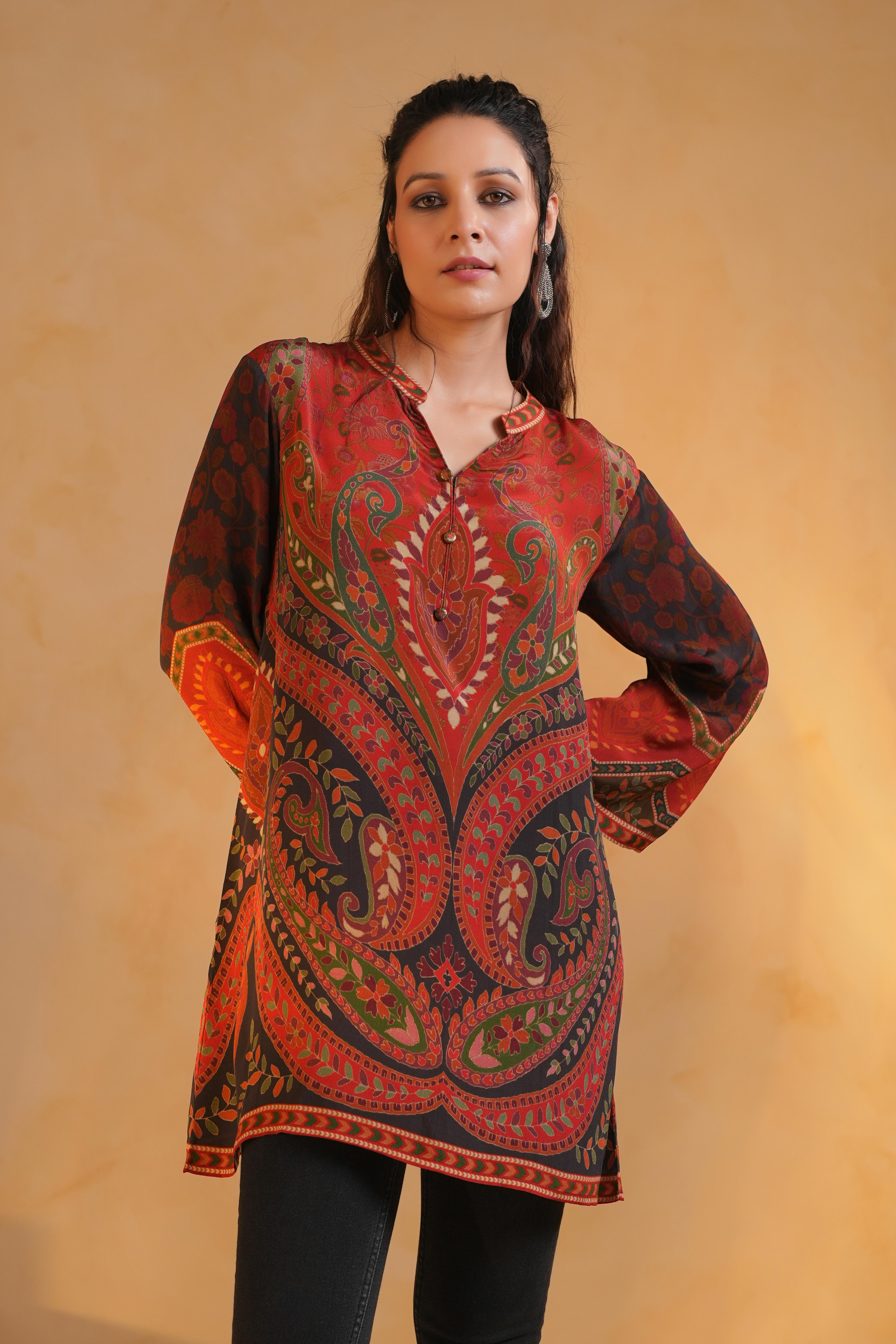 Rust Red Printed Crepe Silk Top