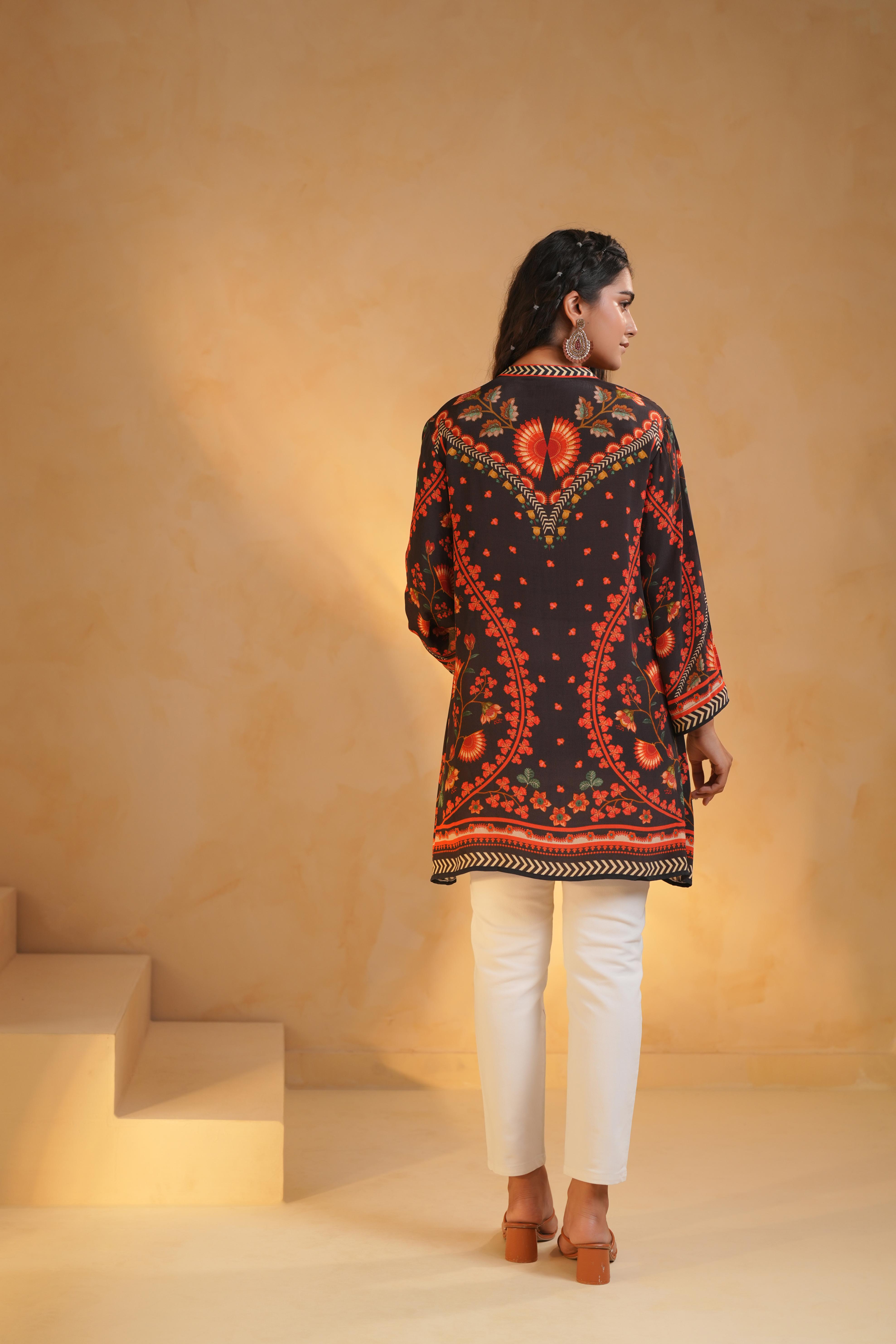 Black Printed Crepe Silk Top