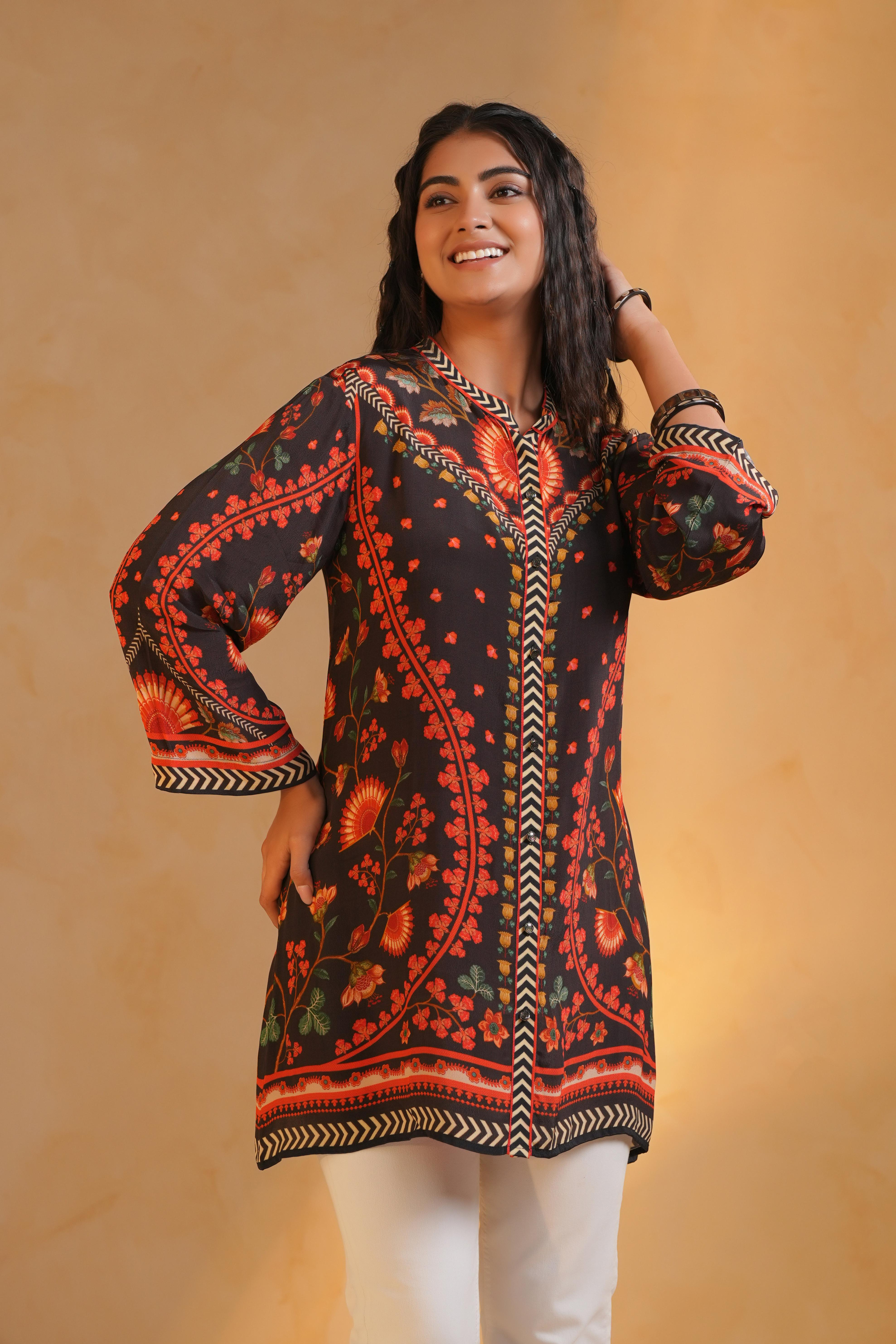 Black Printed Crepe Silk Top