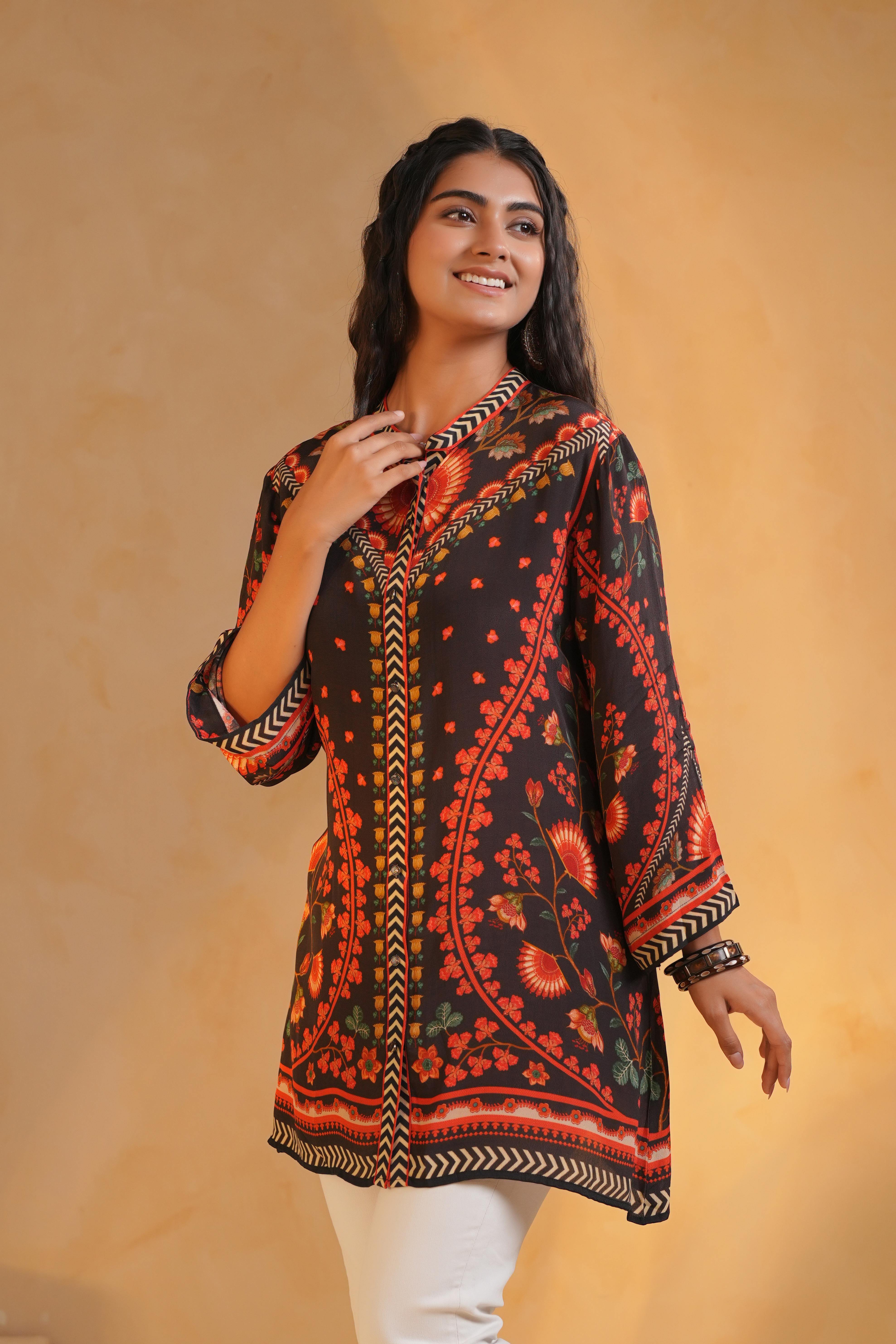 Black Printed Crepe Silk Top