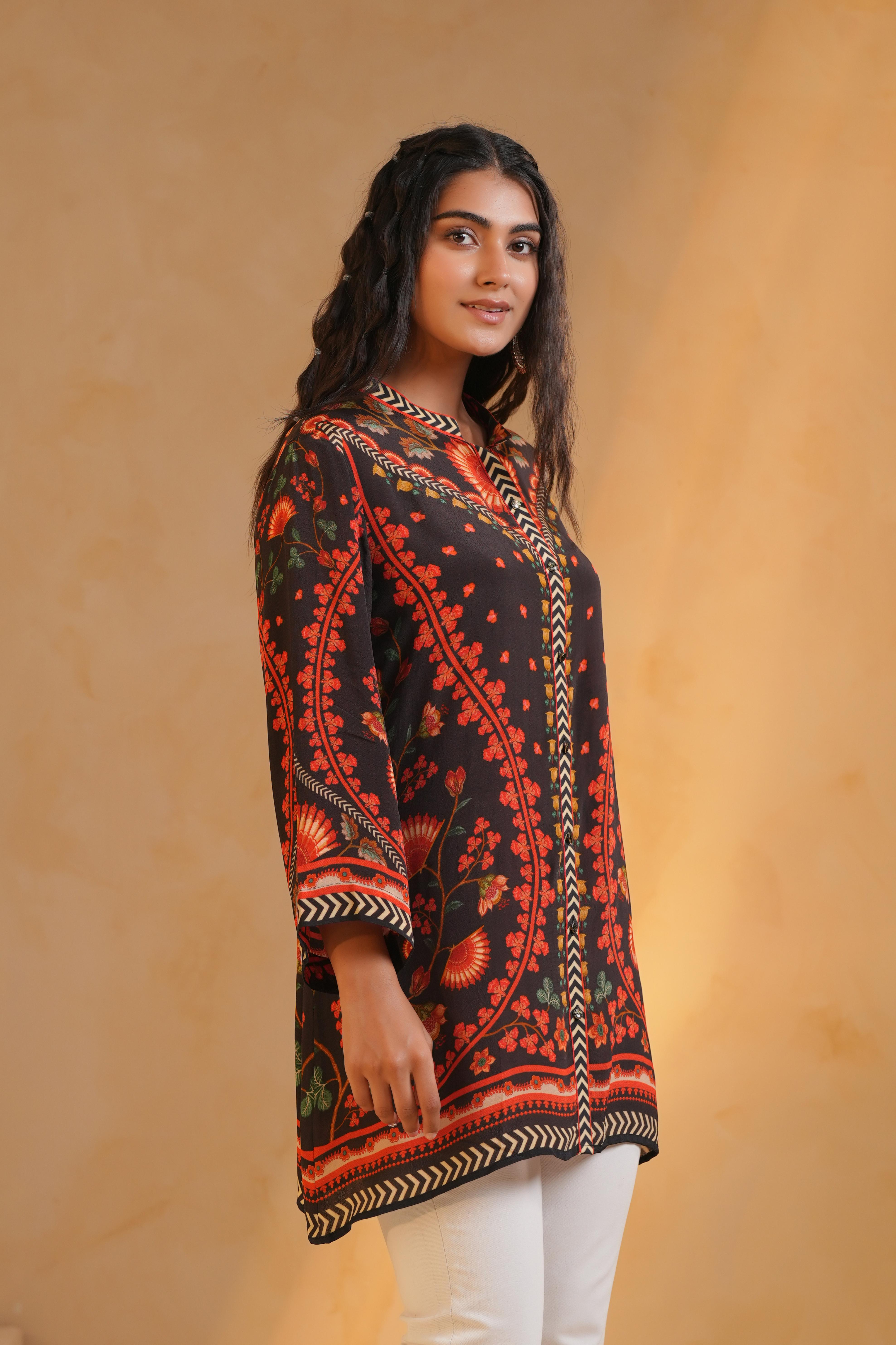 Black Printed Crepe Silk Top