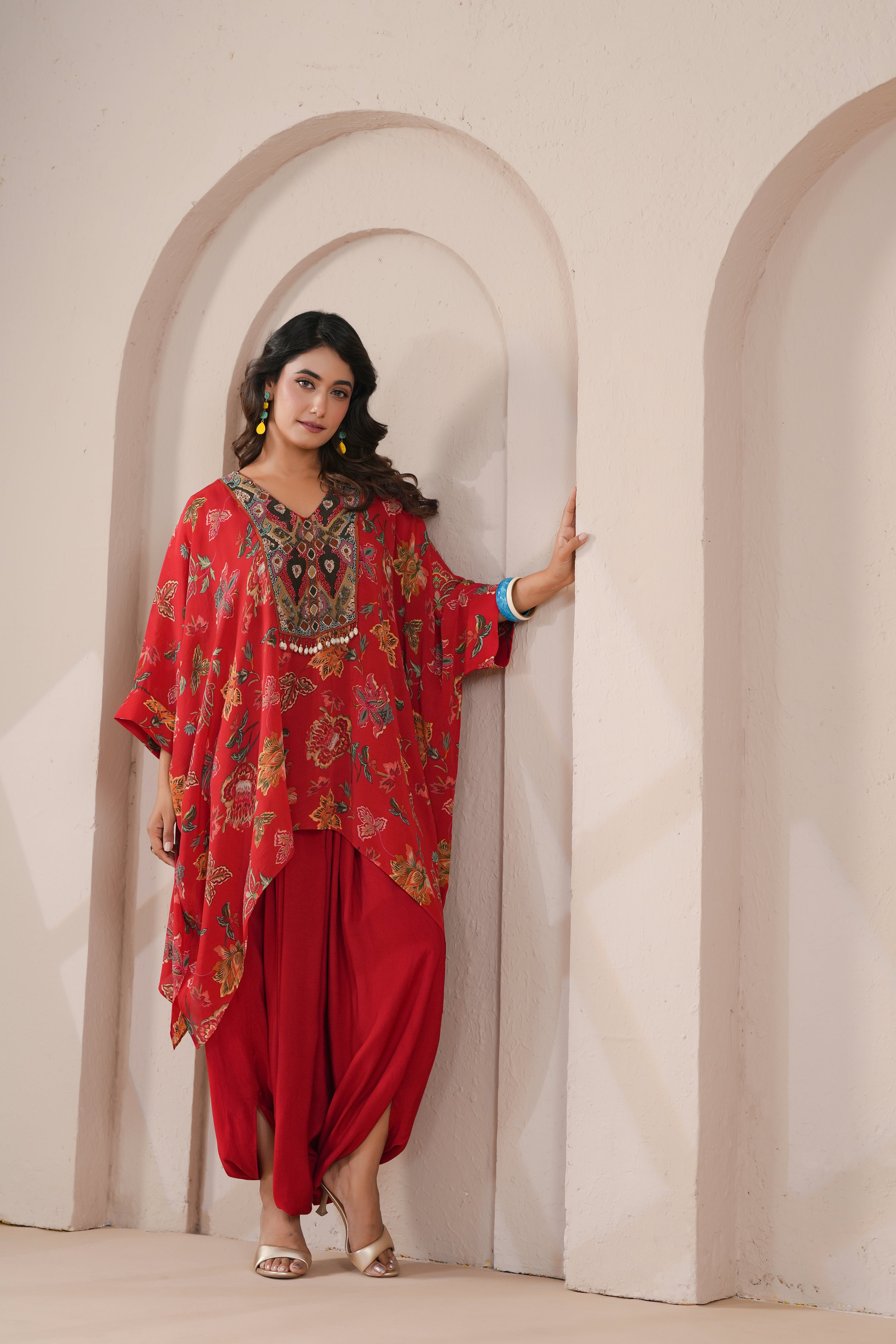 Crimson Red Printed Viscose Crepe Silk Dhoti Set