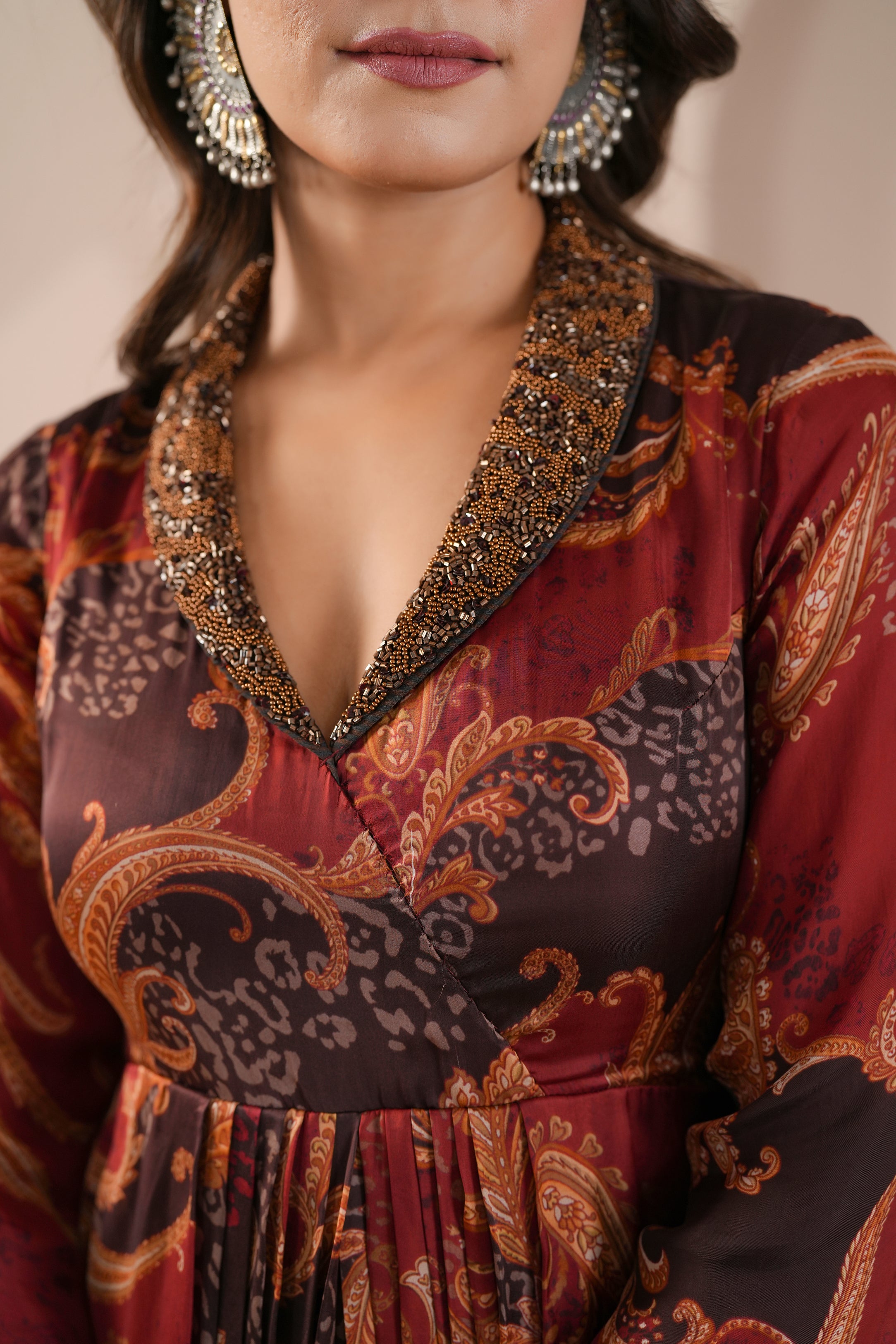 Maroon Paisley Printed Modal Silk Dress