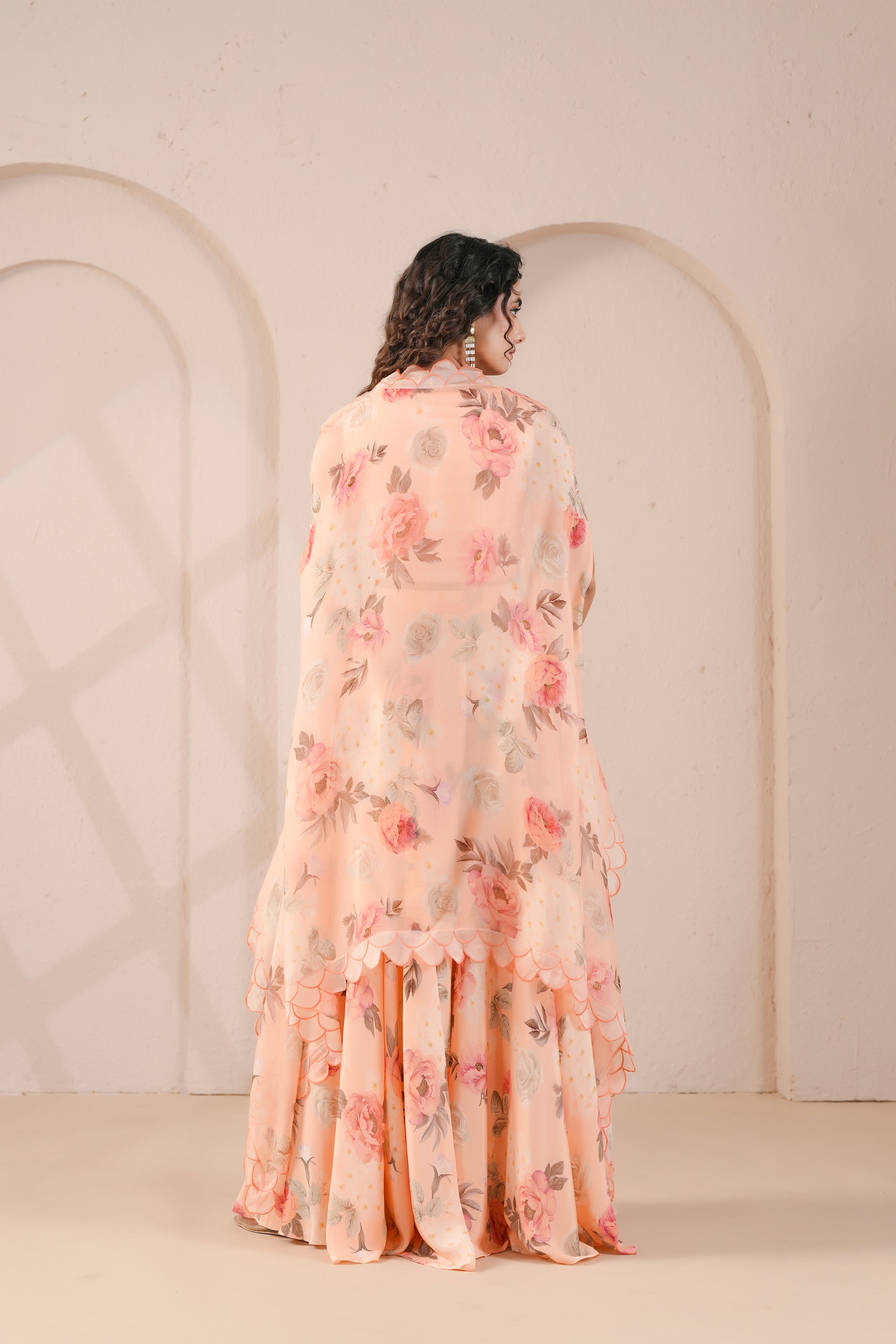 Coral Embellished Crepe Silk Cape Set