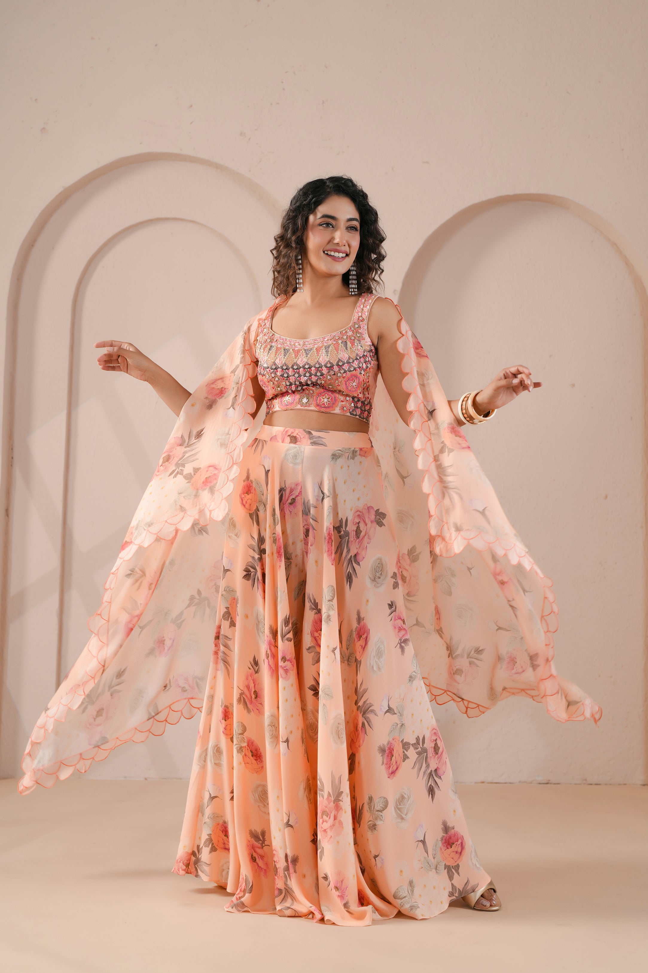 Coral Embellished Crepe Silk Cape Set
