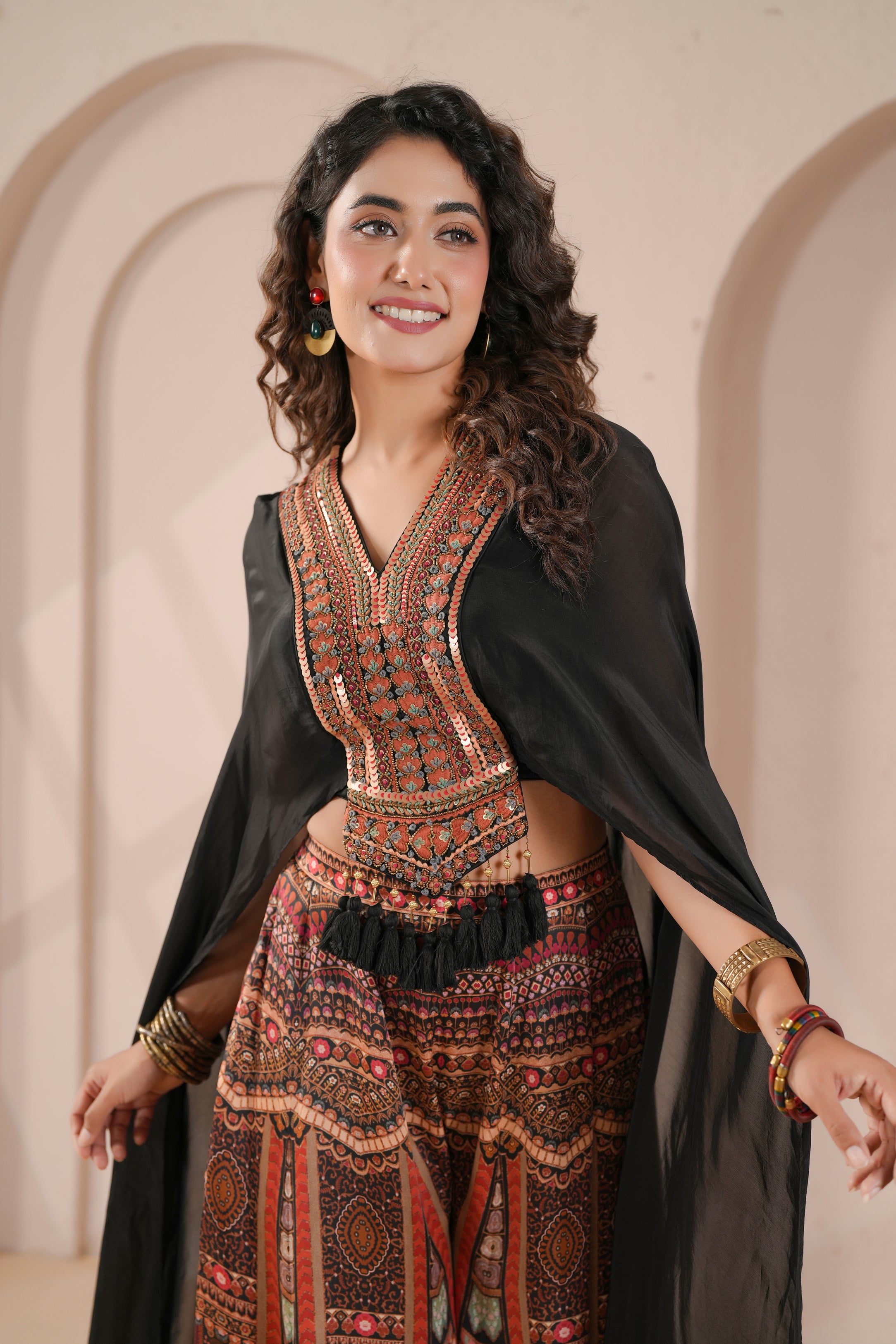 Tribal-Print Embellishede Satin Silk Cape Set