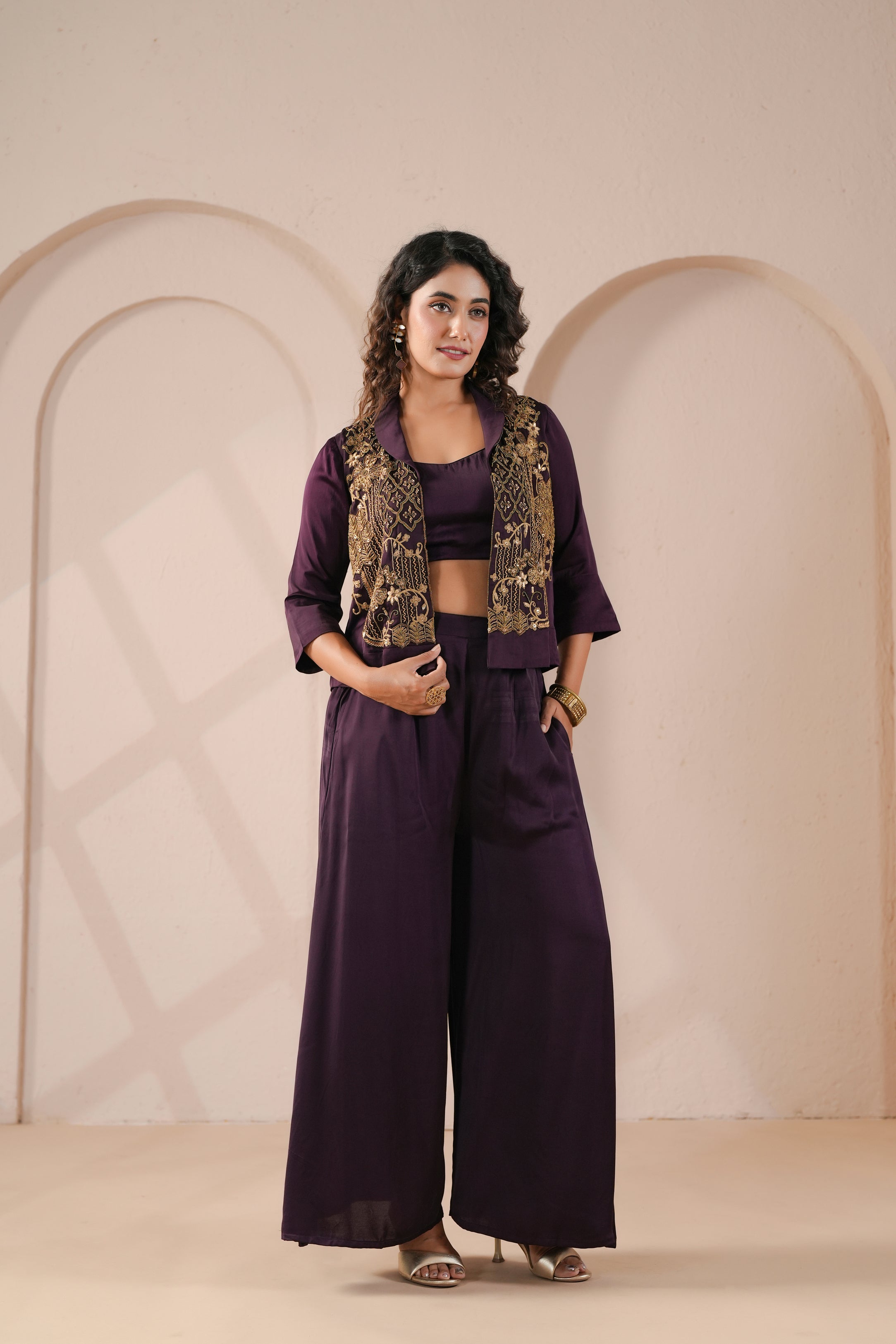 Imperial Purple Embellished Modal Silk Palazzo Set