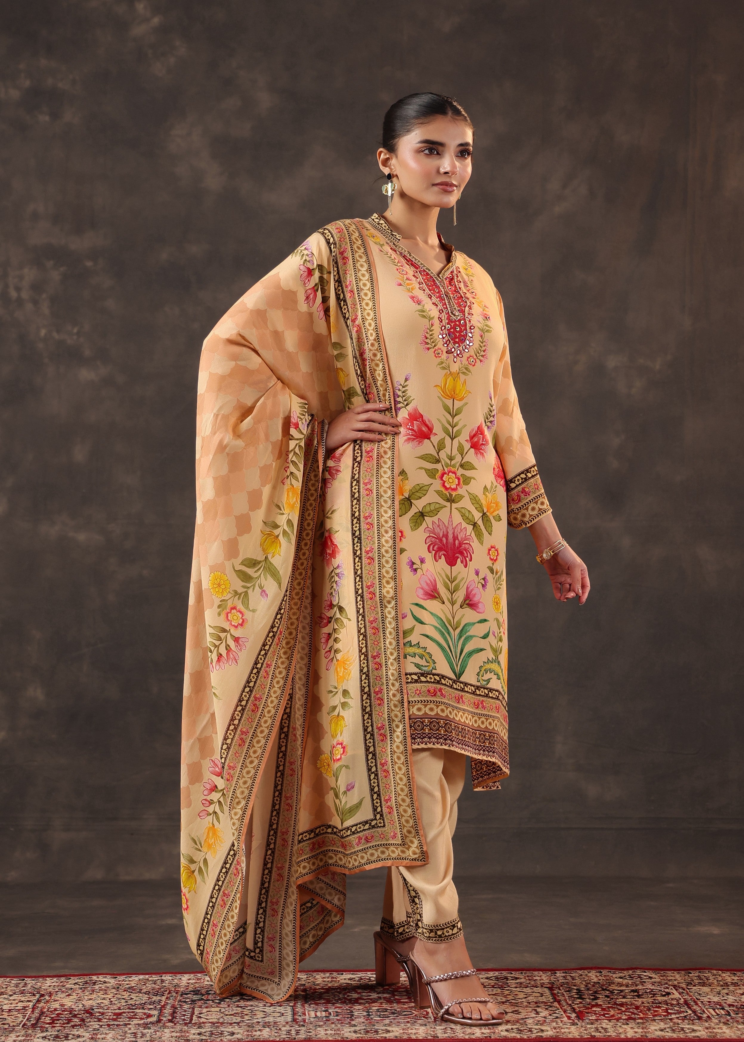 Warm Peach Printed Crepe Silk Pant Set